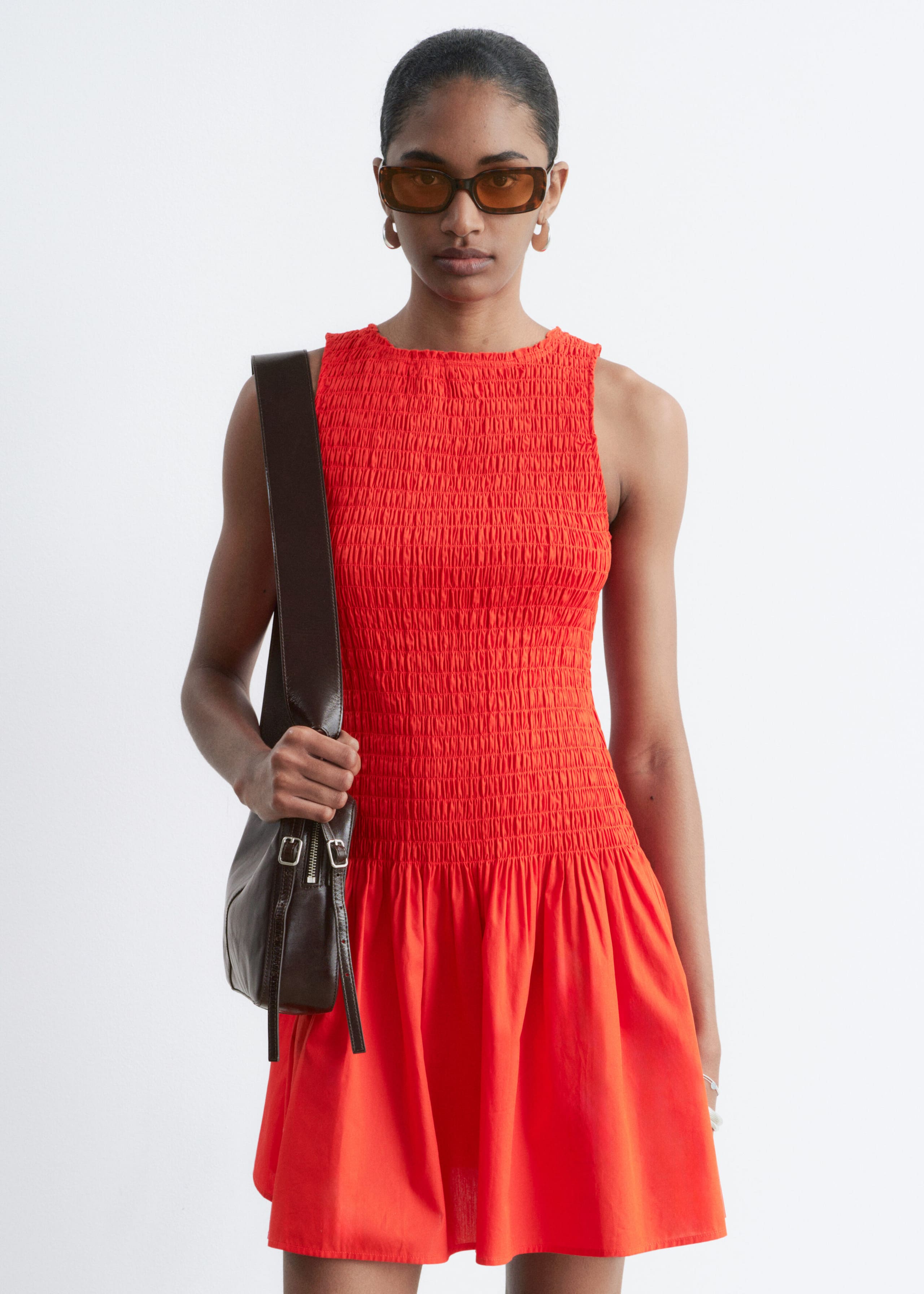 Smocked Cotton Poplin Mini Dress - Dark Brown - Lookbook