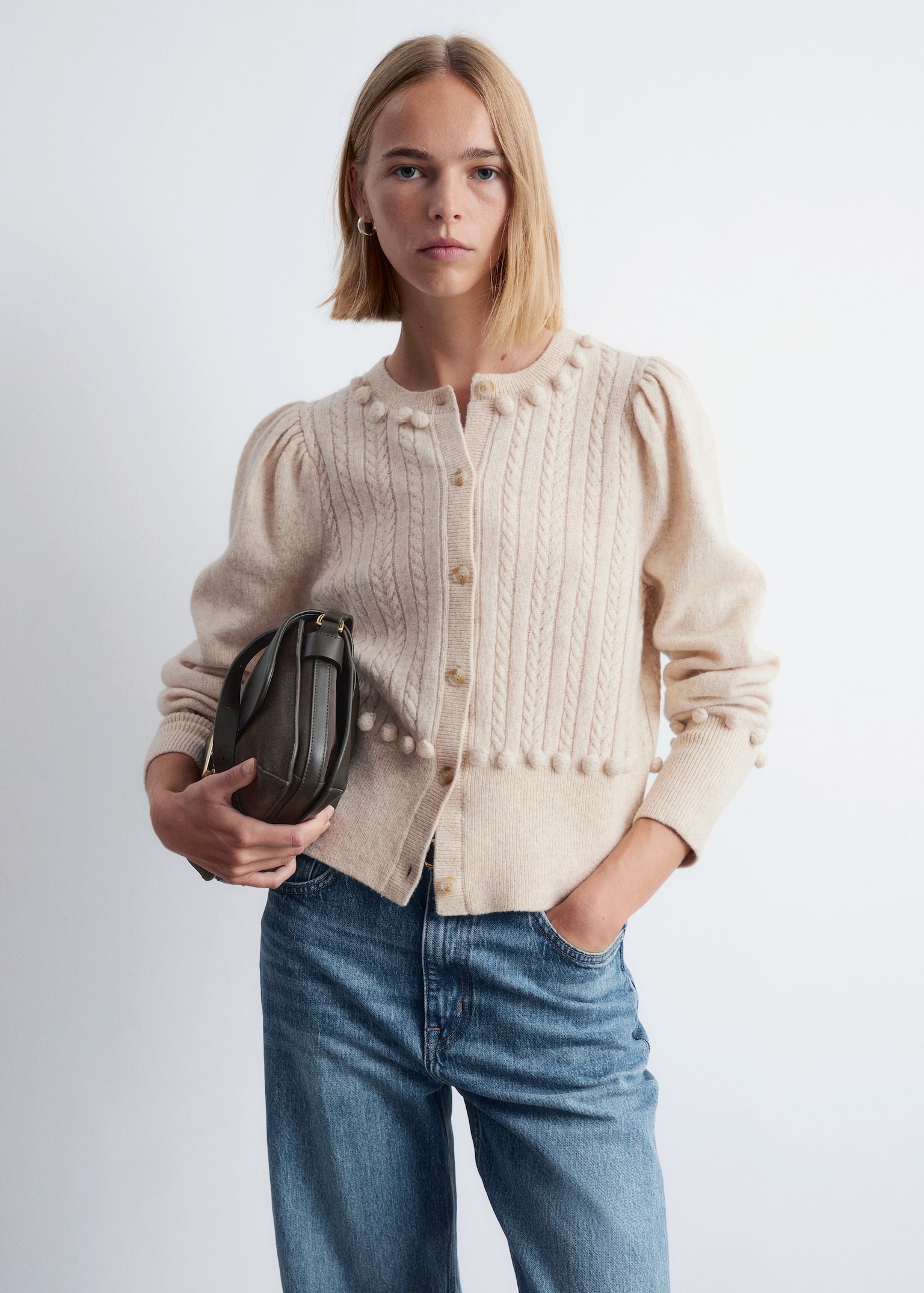 Strickjacke aus Wolle mit Zopfmuster - Beige/Dunkelgrau