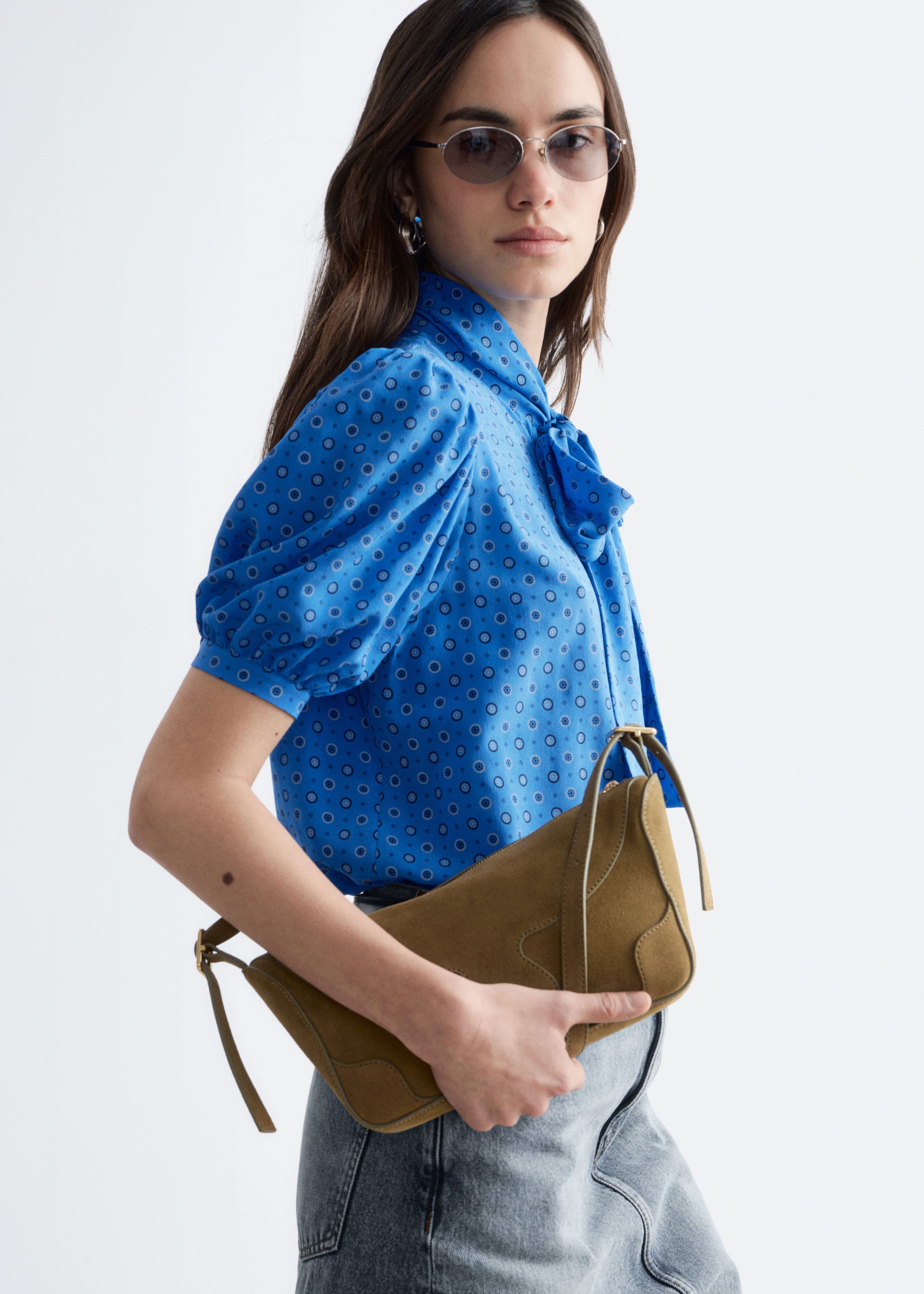 Image of Printed Tie-Neck Silk Blouse