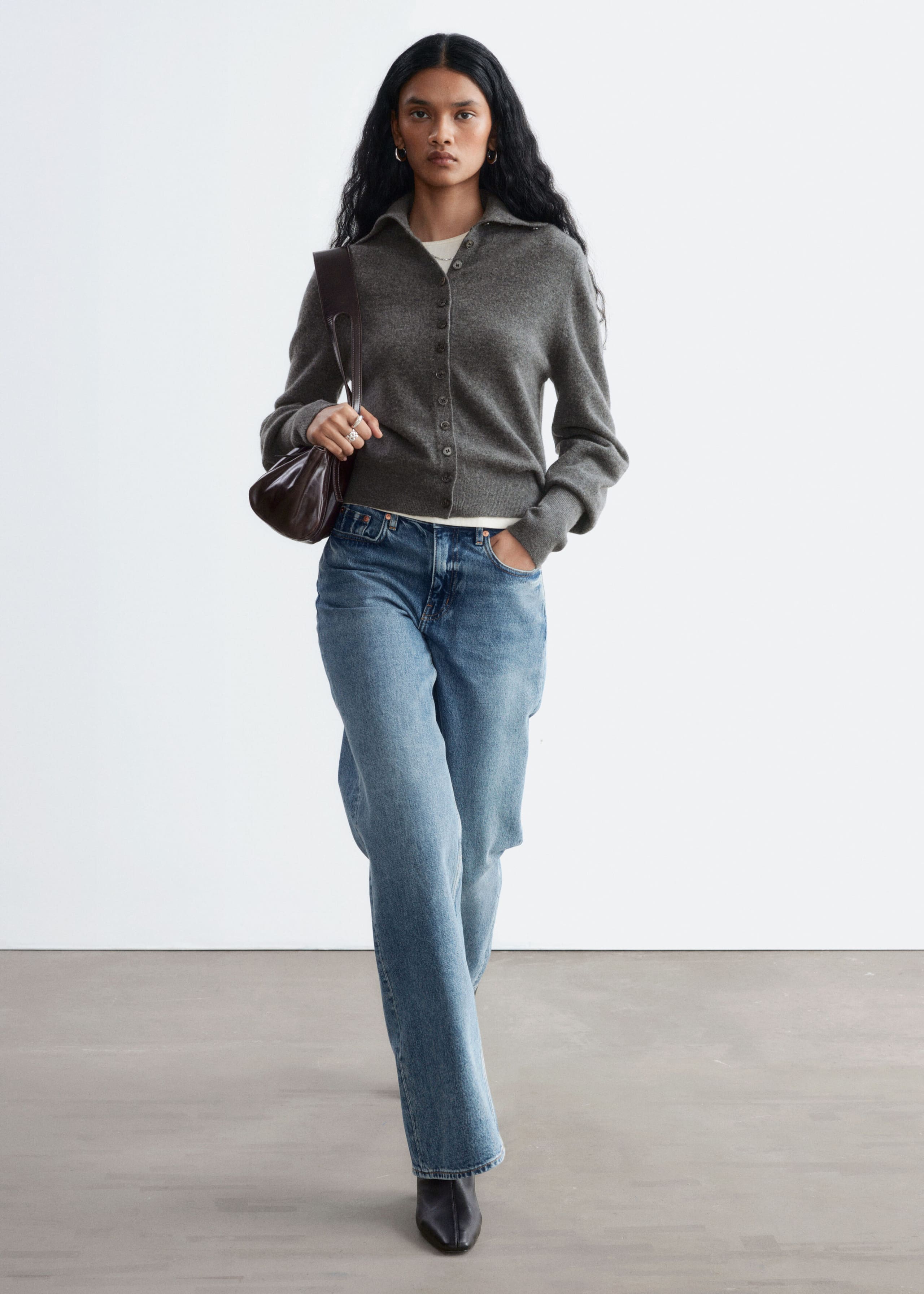 High-Neck Wool Cardigan Dark Grey