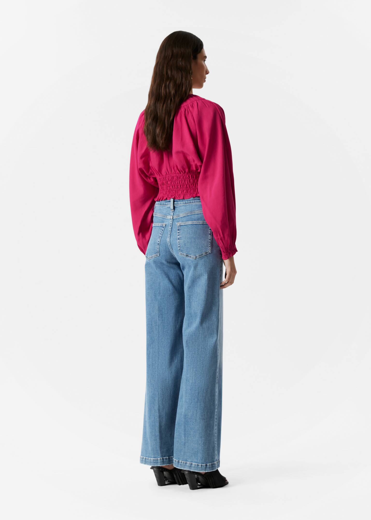 Blusa con maniche a sbuffo e lavorazione smock - Rosa scuro/Bianco - 5