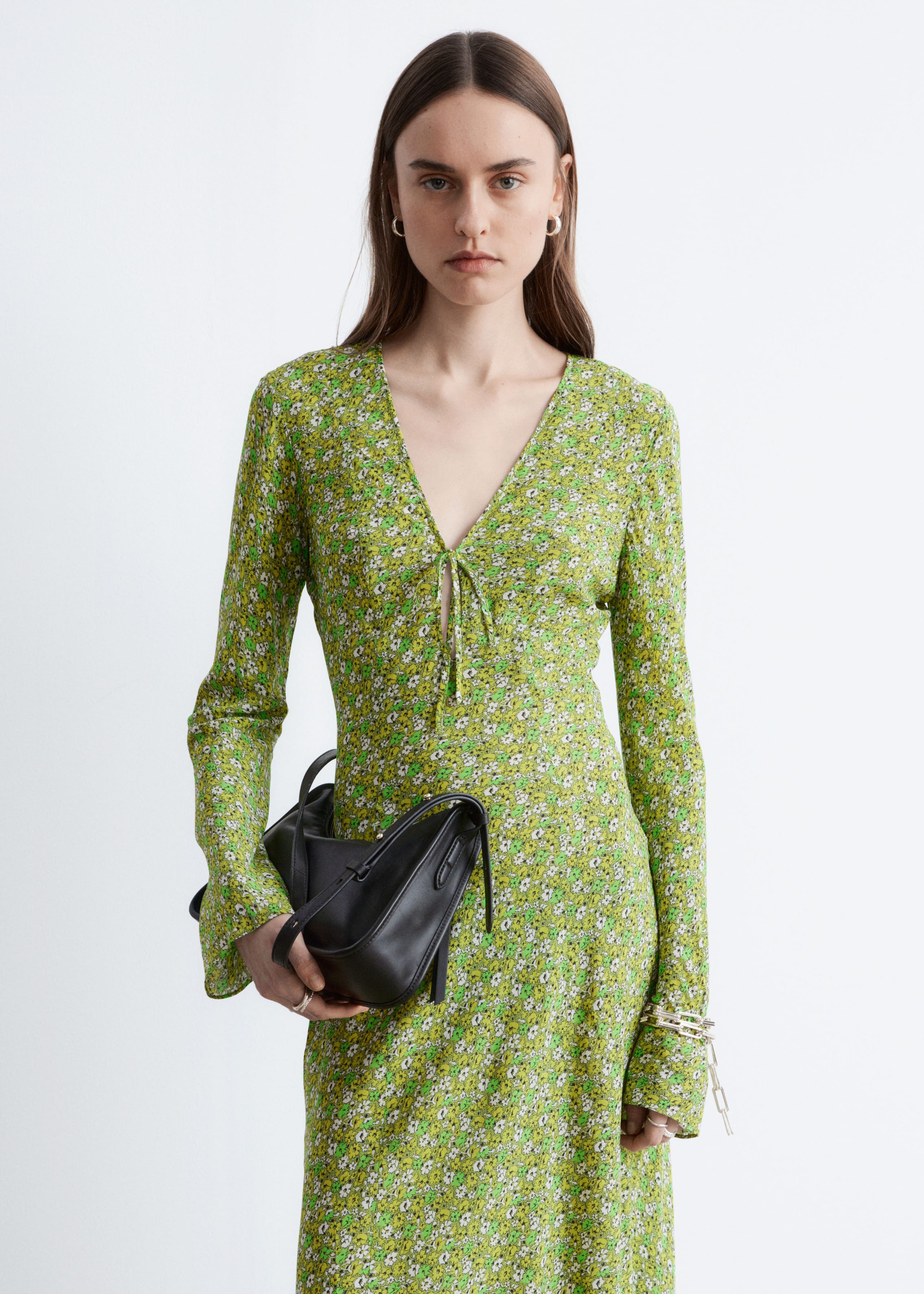 Floral V-Neck Midi Dress - Green/Floral Pattern - Lookbook