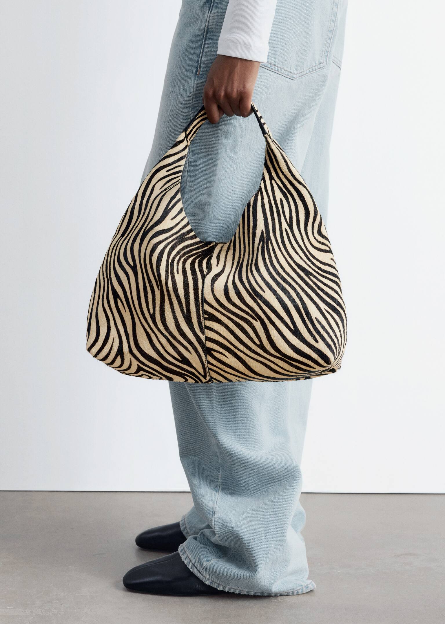 Tragetasche aus Leder mit Animal-Print - Beige/Zebra/Kuh-Print