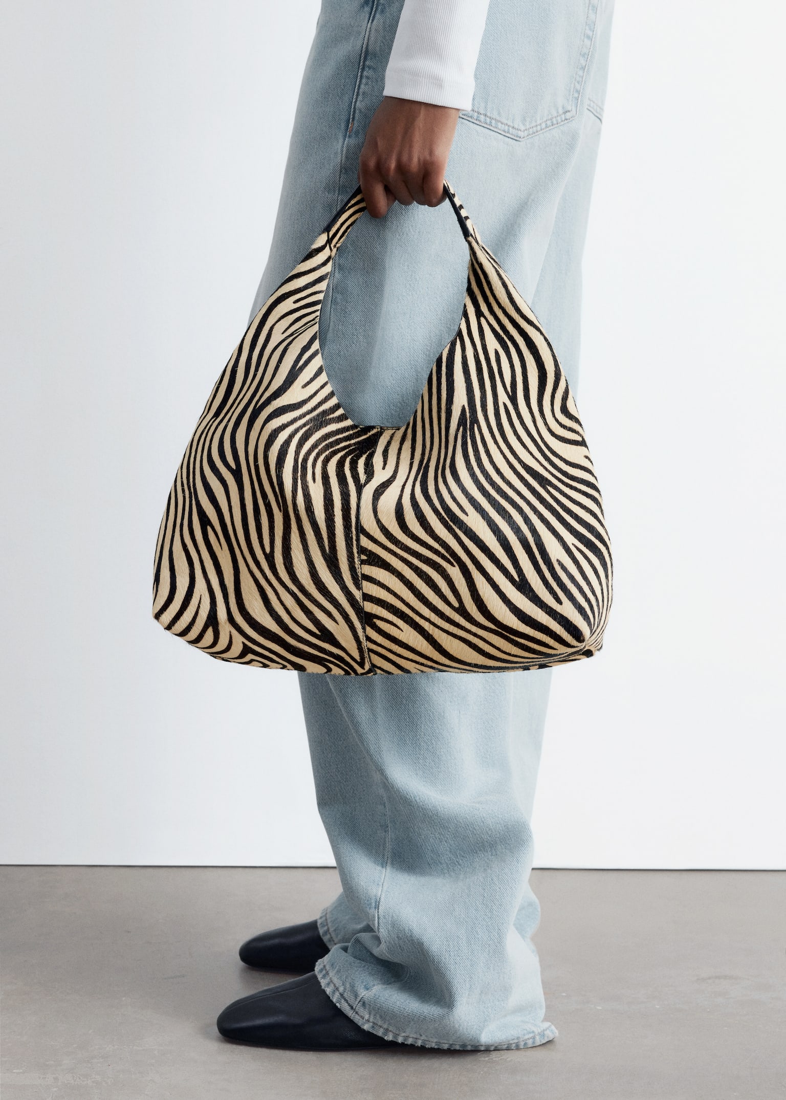 Tragetasche aus Leder mit Animal-Print - Beige/Zebra/Kuh-Print