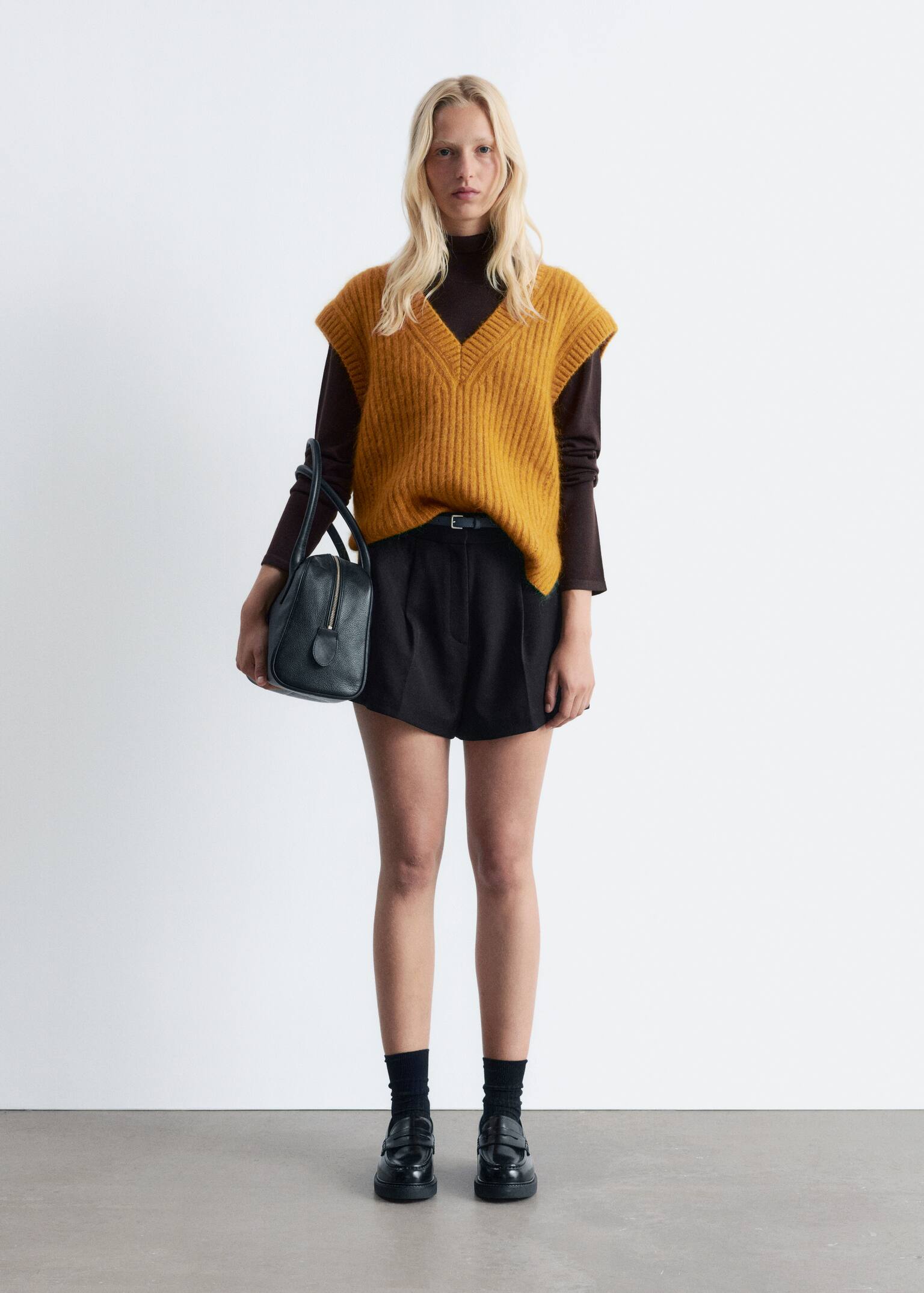 Knitted Mohair-Blend V-Neck Vest - Mustard Yellow/Burgundy