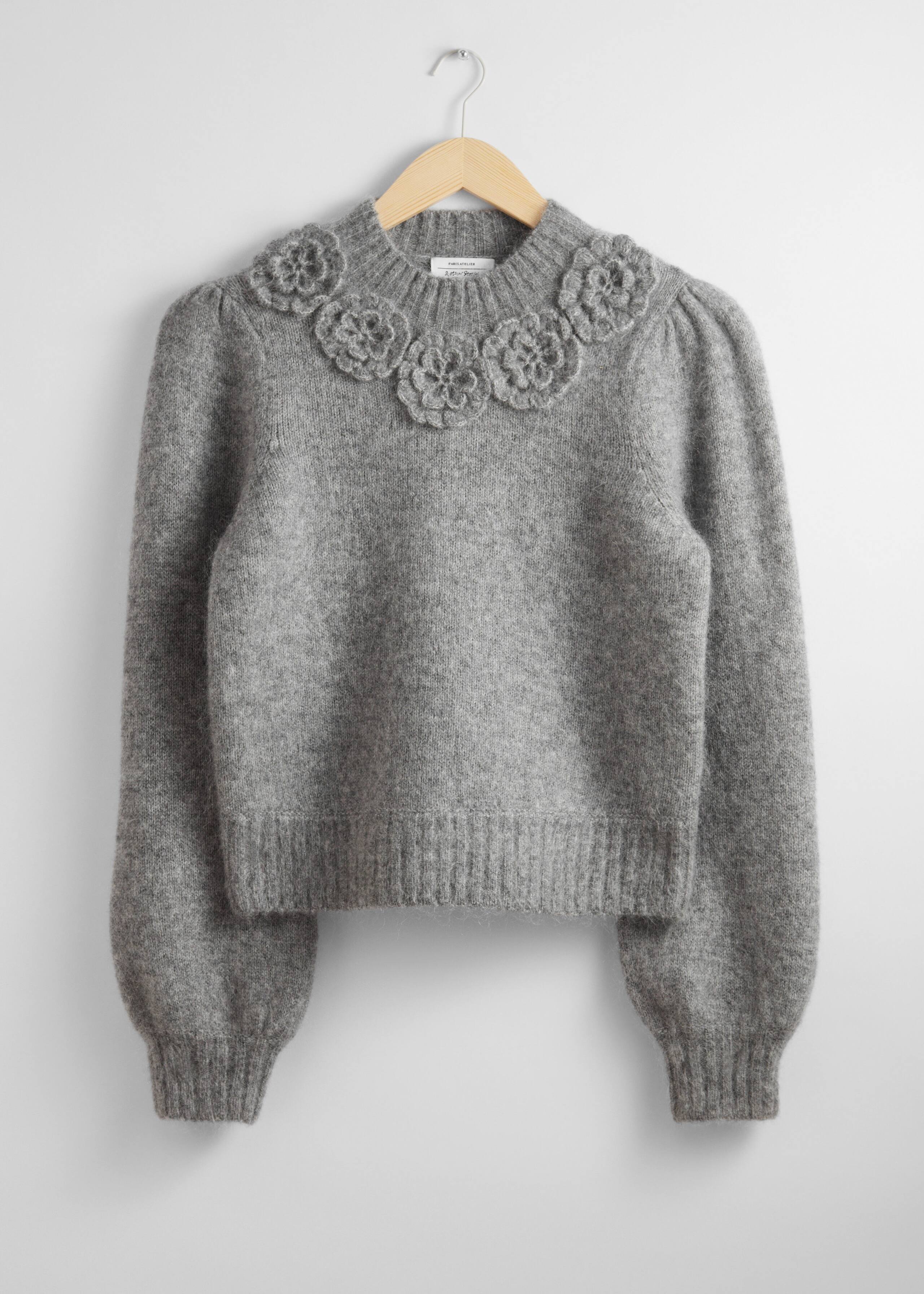 Jersey de punto con apliques florales - Gris - Bodegón