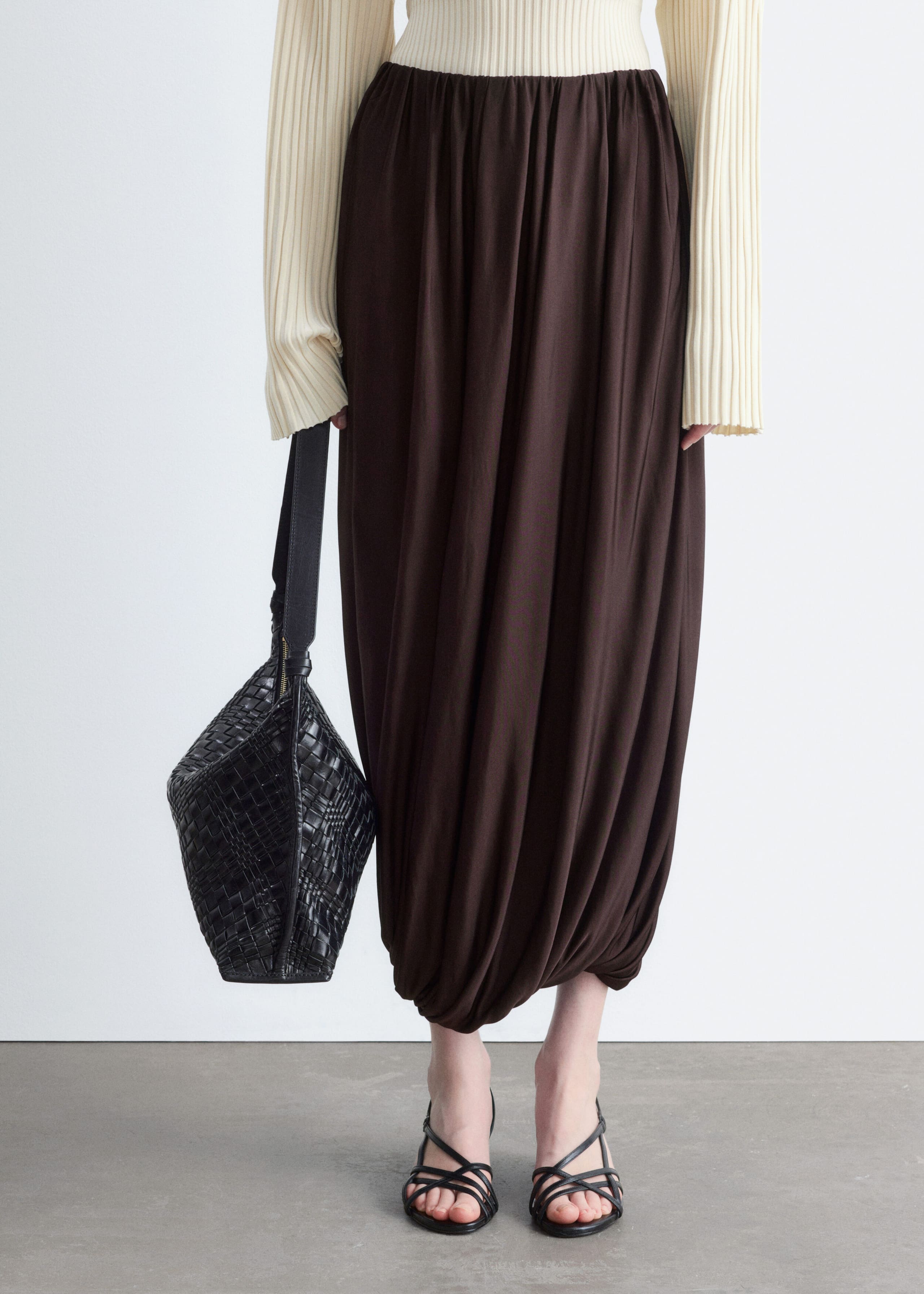 Twisted Drape Balloon Skirt - Dark Brown - Still Life