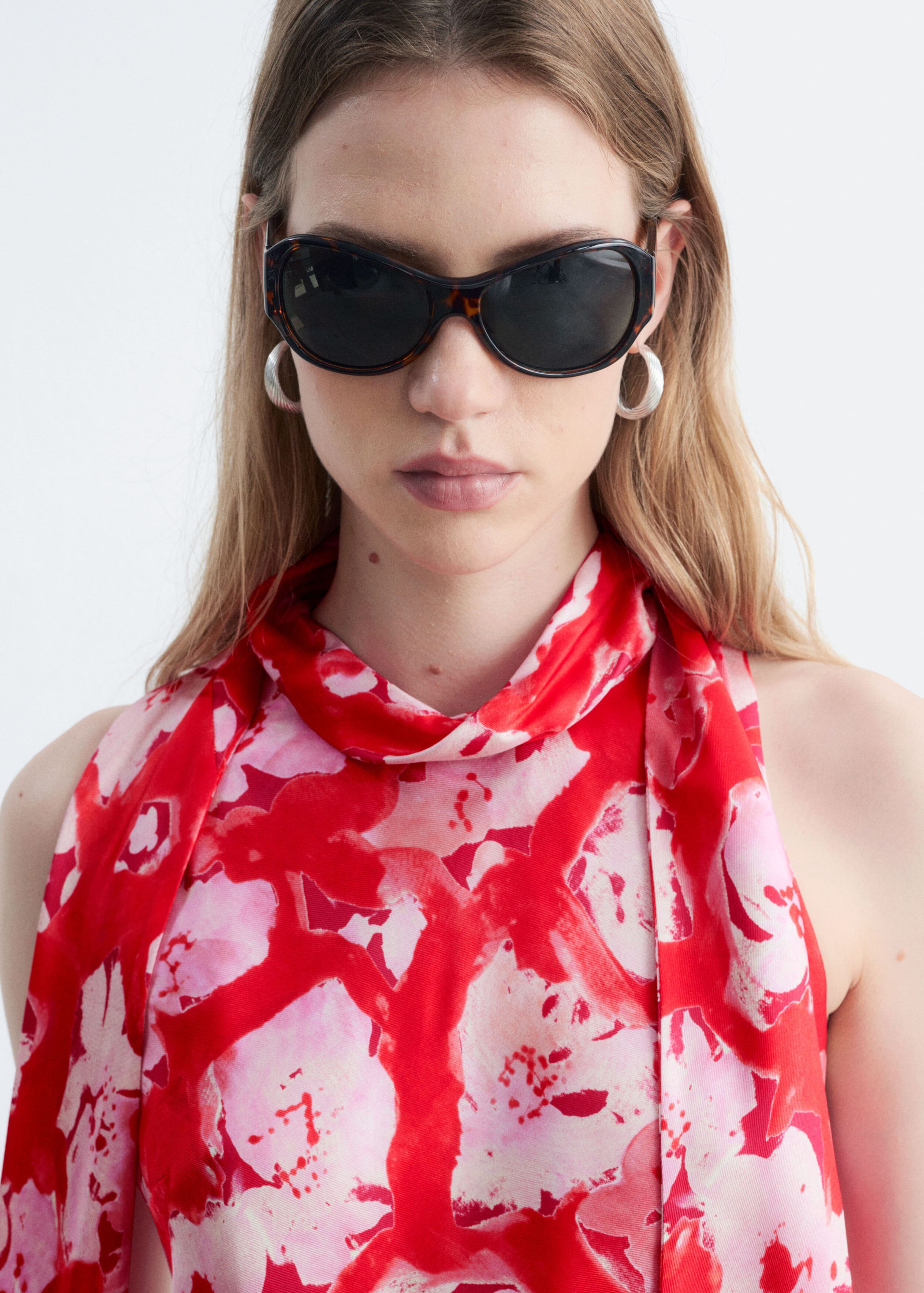 Scarf-Neck Silk Top - Red/Florals - Lookbook