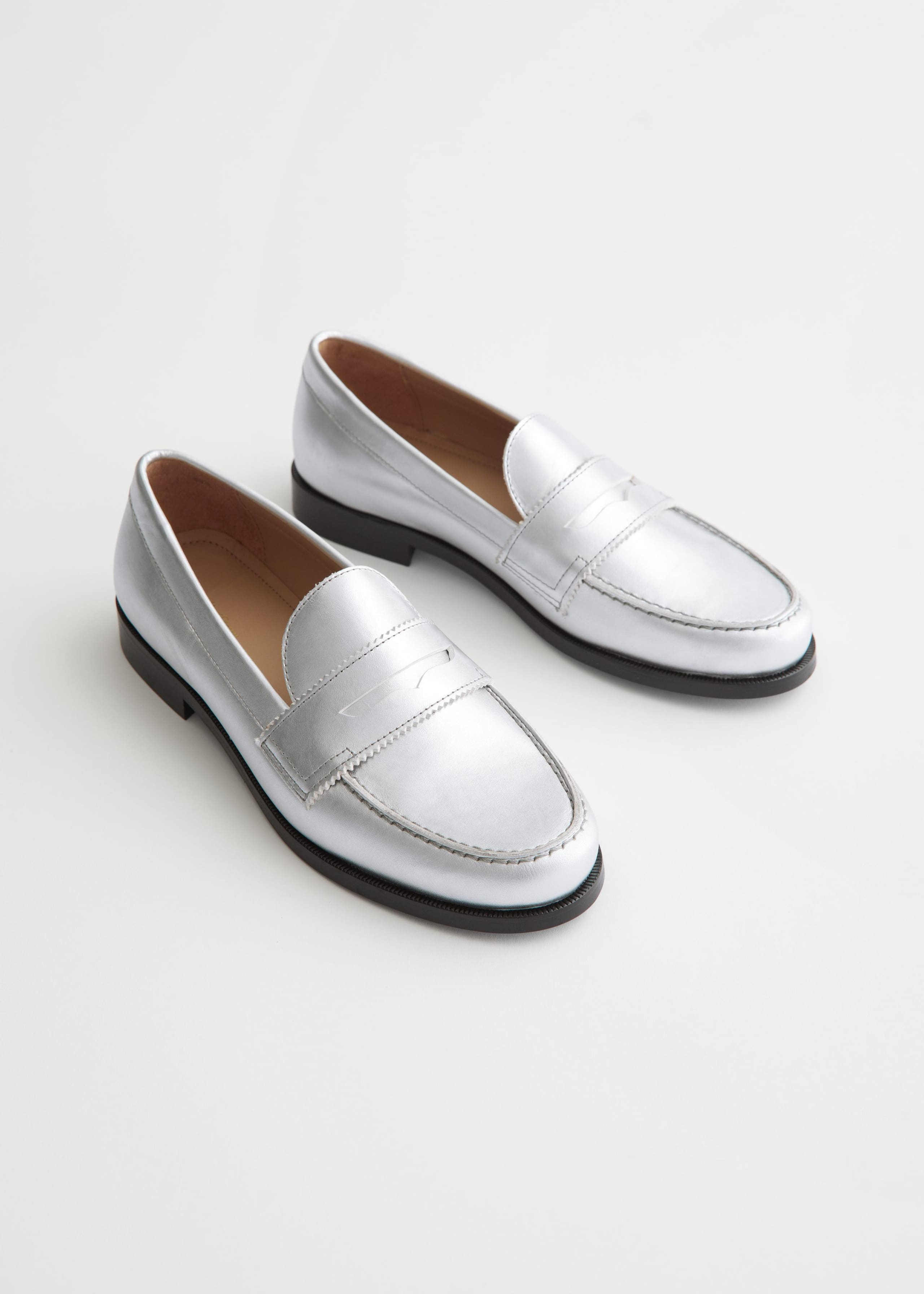 Leather Penny Loafers - Metallic Silver - Natura morta