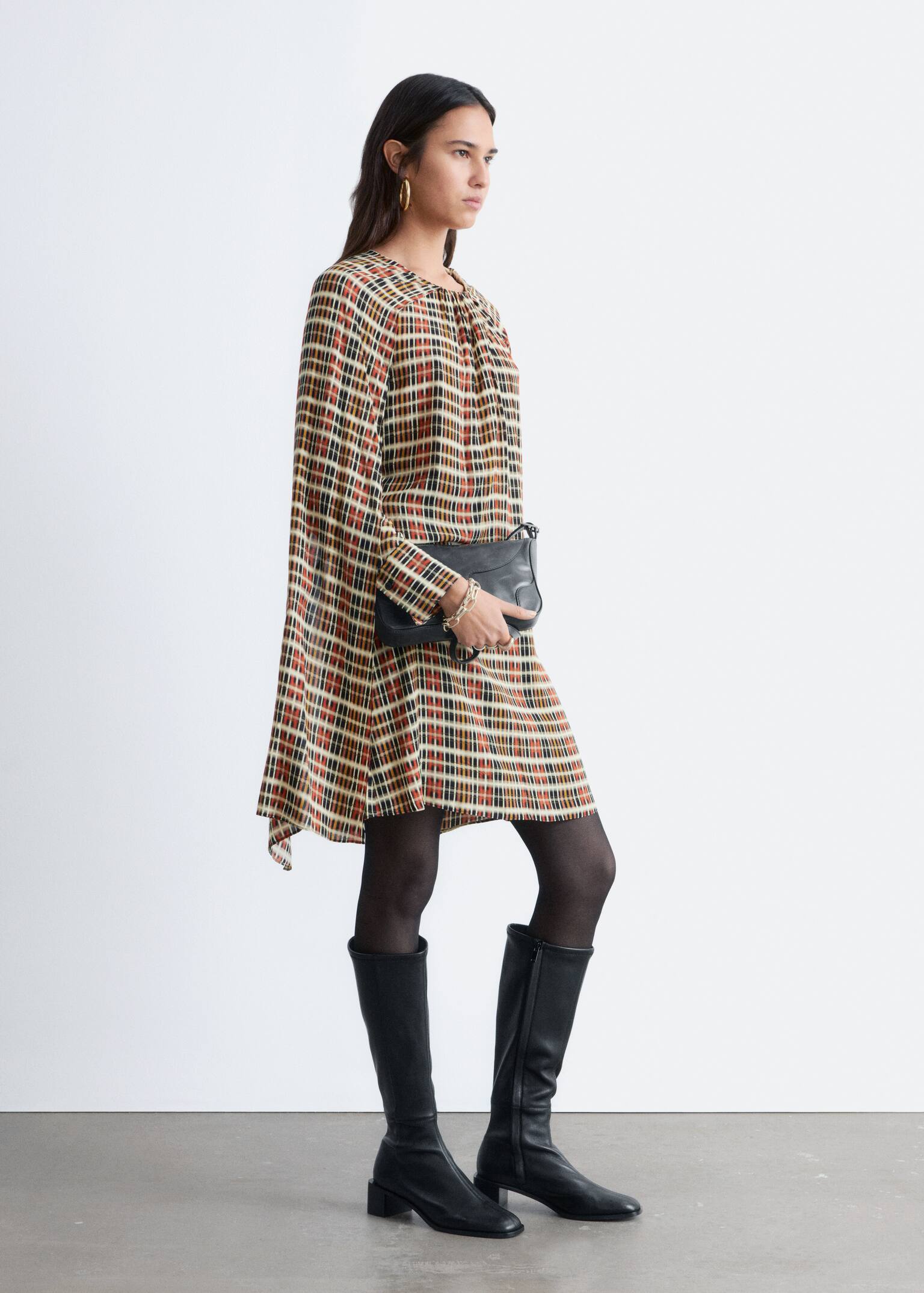 Cape Mini Dress - Orange/Checked - 3