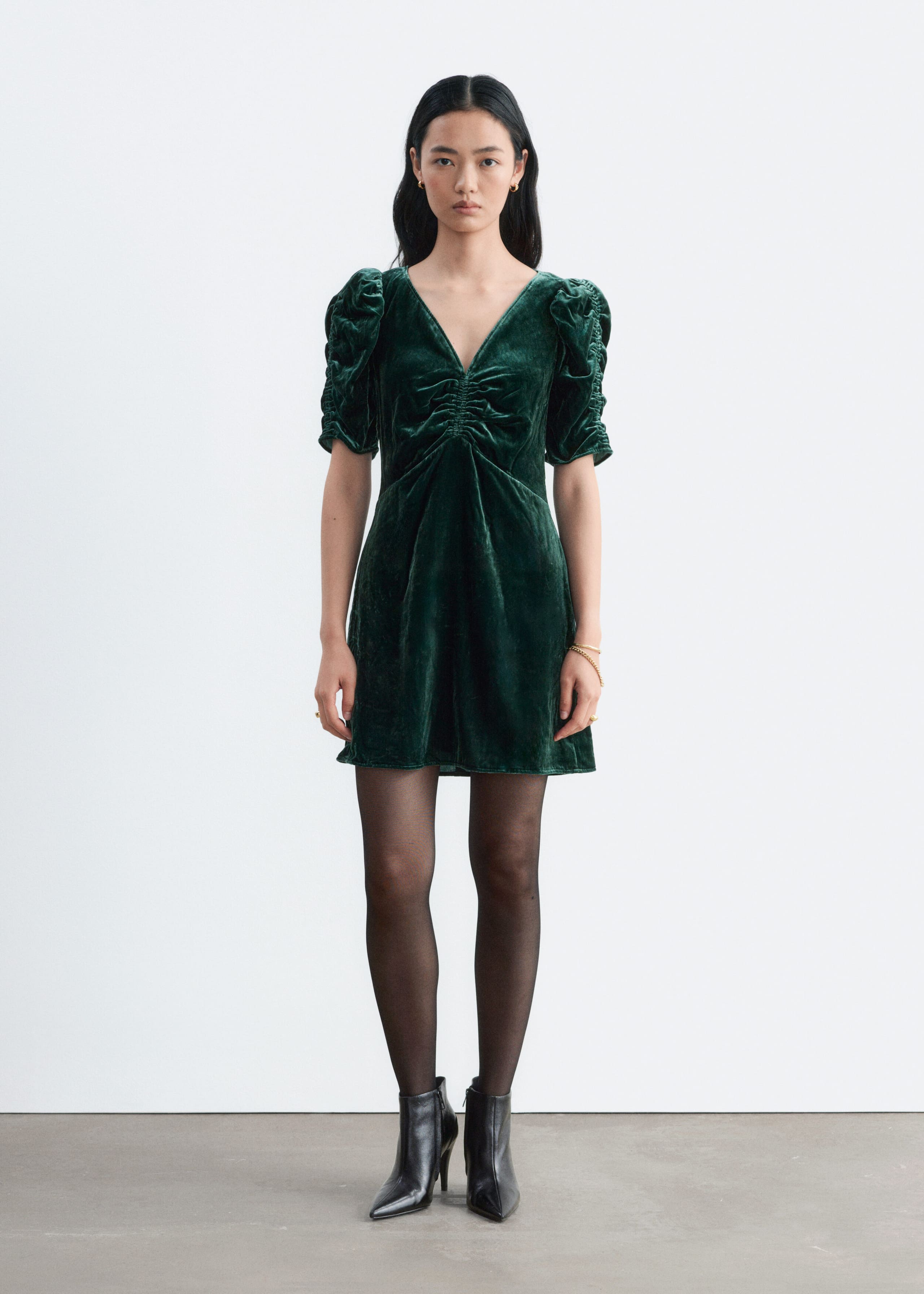 Ruched Velvet Dress - Dark Green - Lookbook