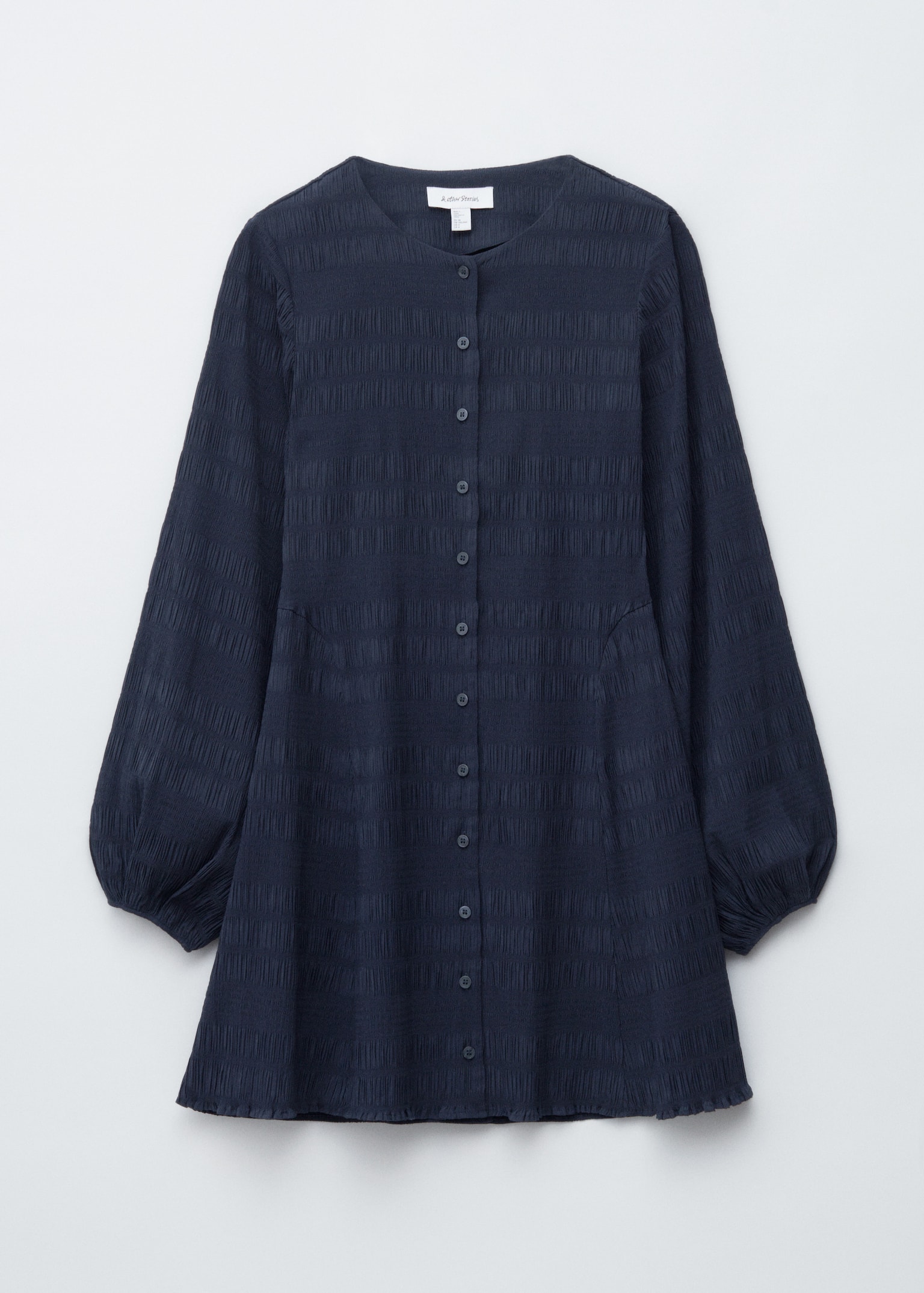 Smocked Balloon-Sleeve Mini Dress - Dark Blue/Dark Brown - 2