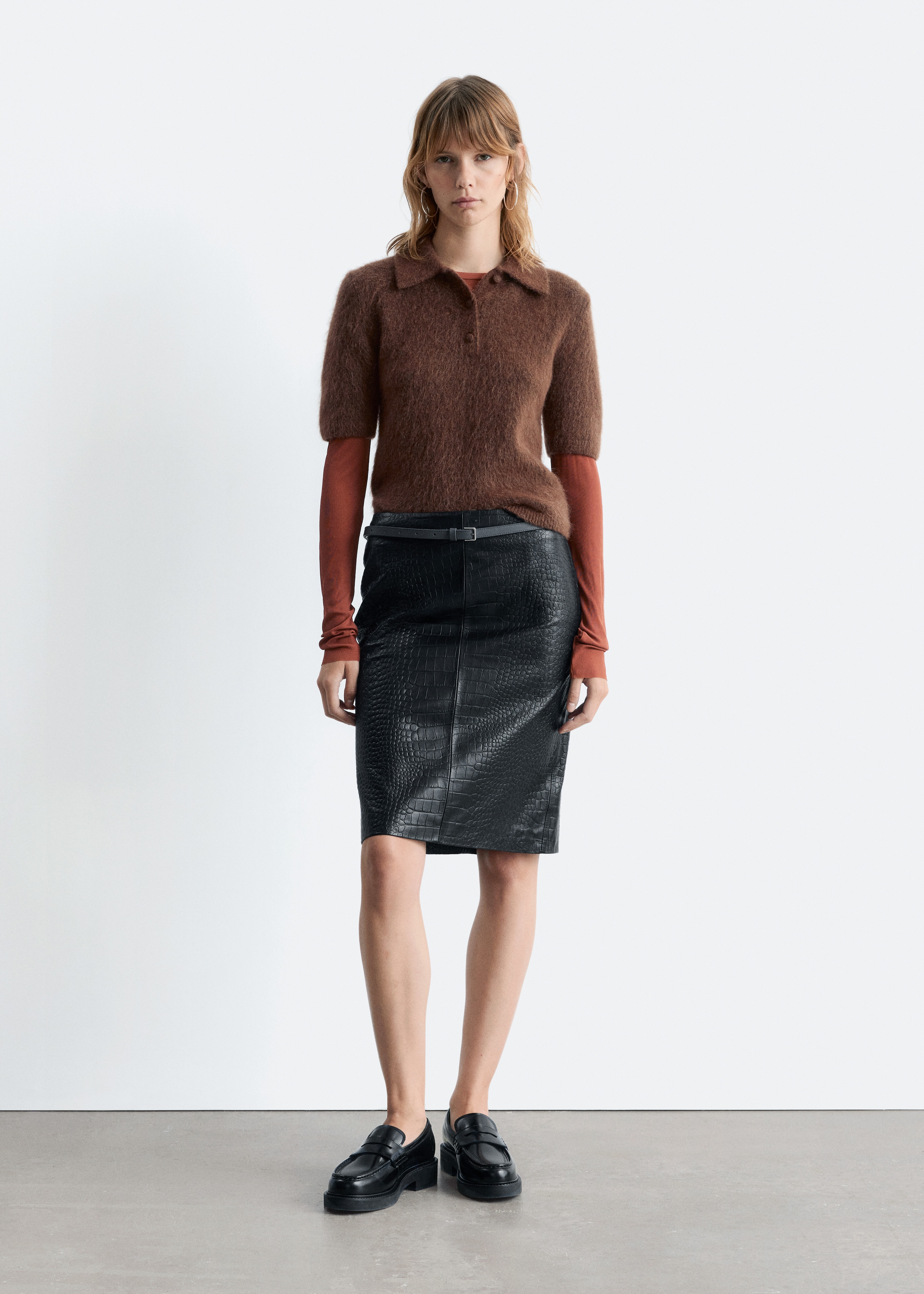 Πλεκτό Polo T-Shirt με Βουρτσισμένη Υφή - Σκούρο Καφέ/Ανοιχτό Κίτρινο/Σκούρο Γκρι