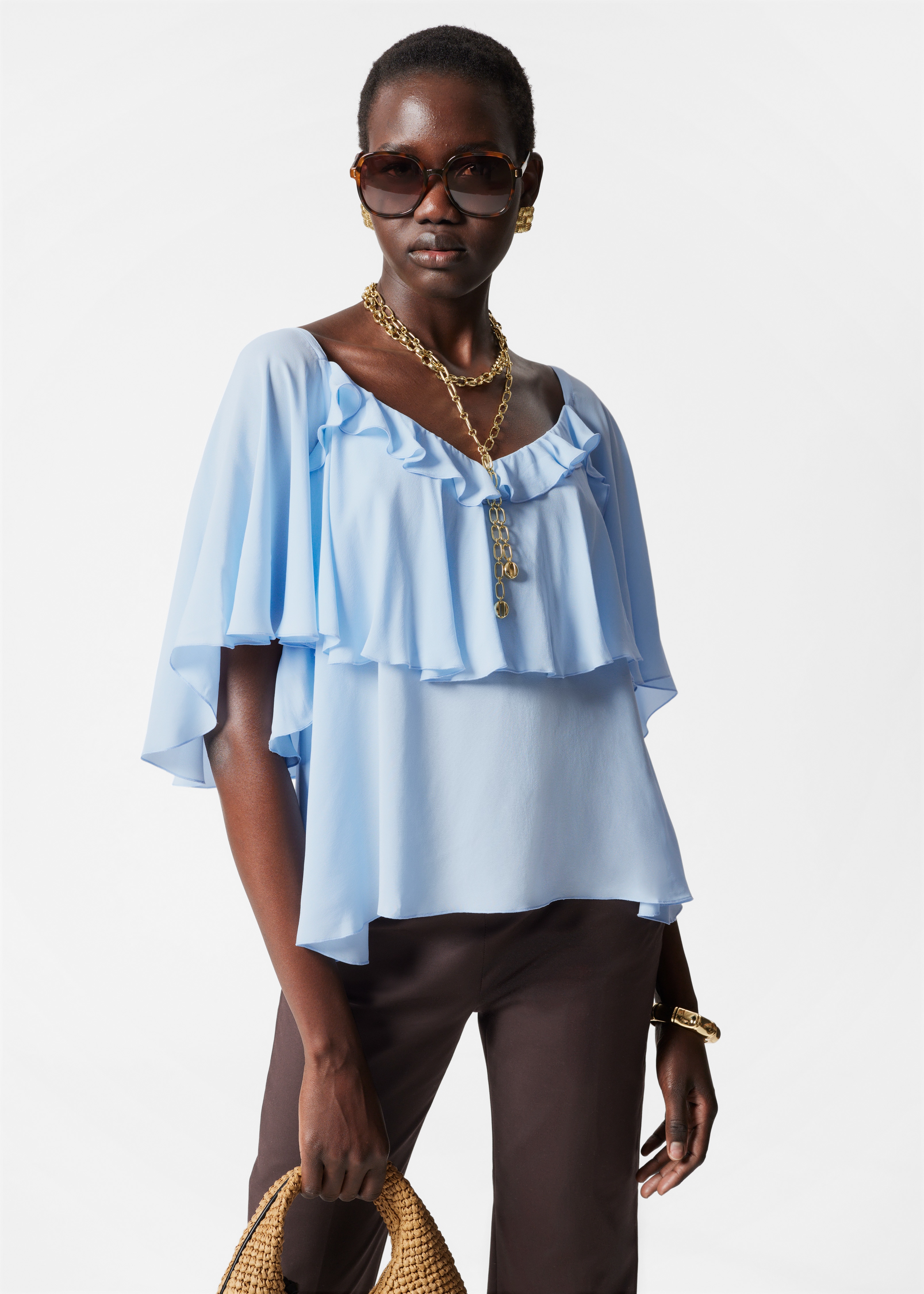 Blúzka s volánmi - Svetlomodrá/Tmavočervená