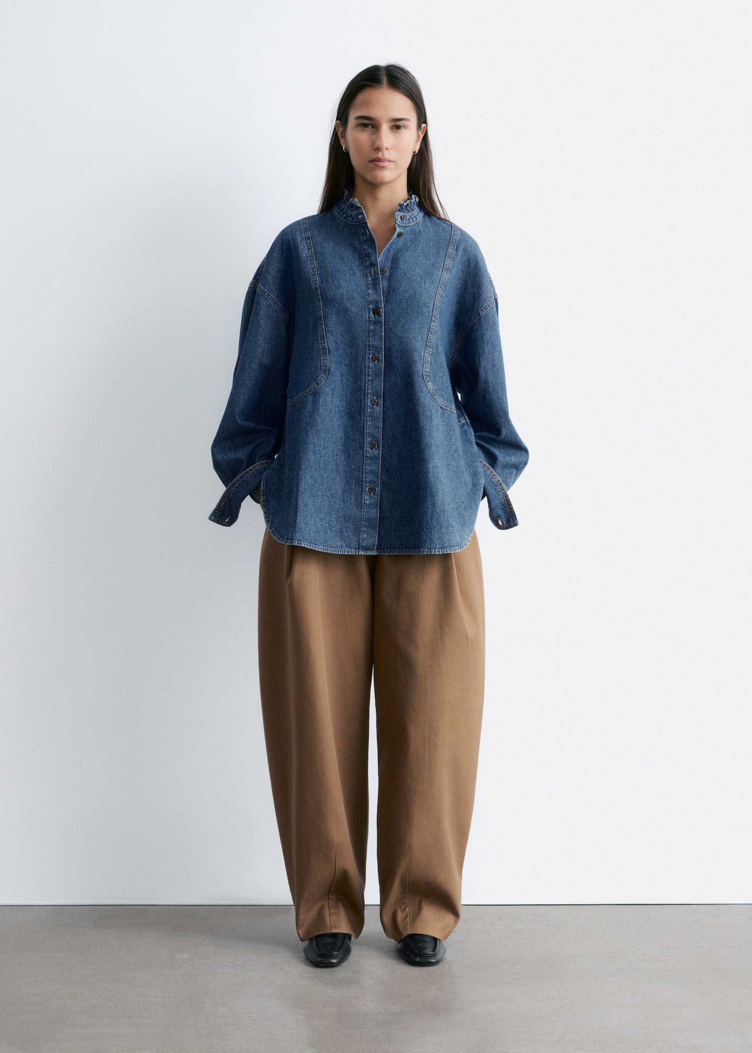Blouse en denim à col volanté - Bleu moyen/Gris - 3