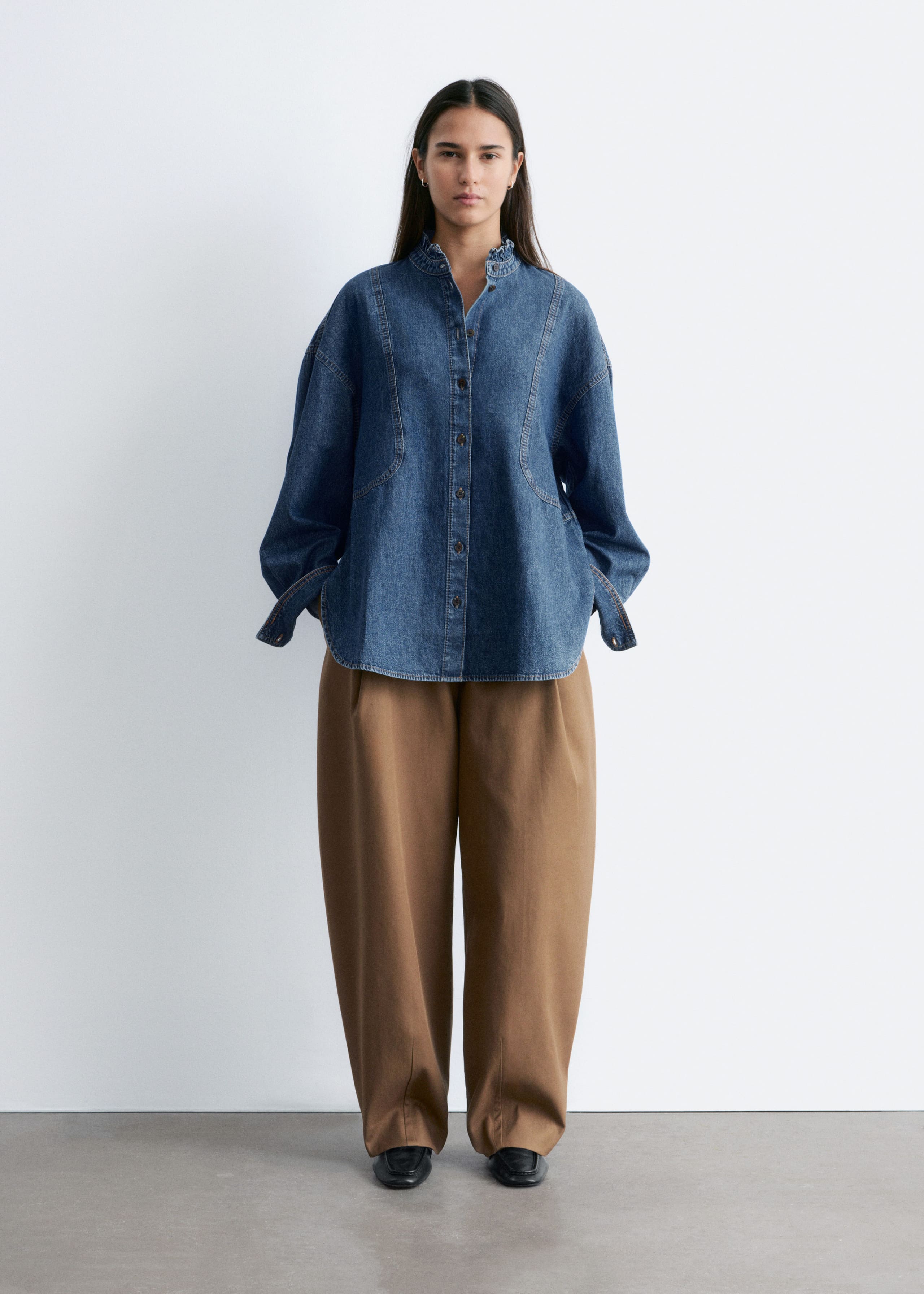 Image of Frill-Collar Denim Blouse