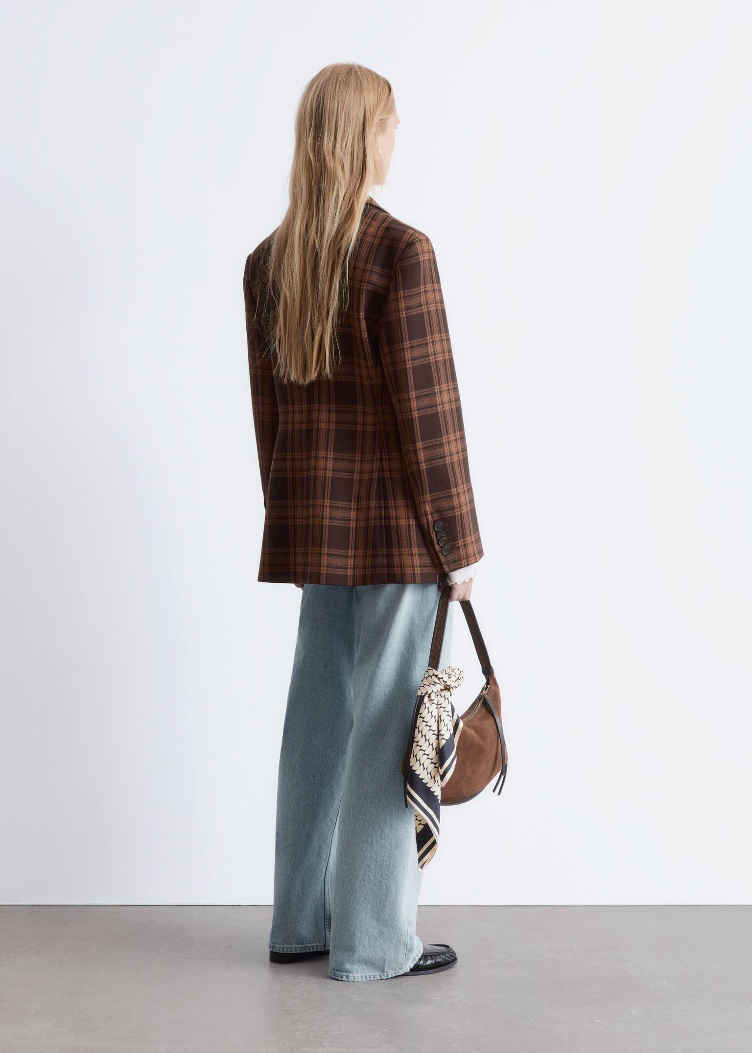 Fitted Shoulder-Pad Blazer - Brown Checked/Dusty Blue - 6