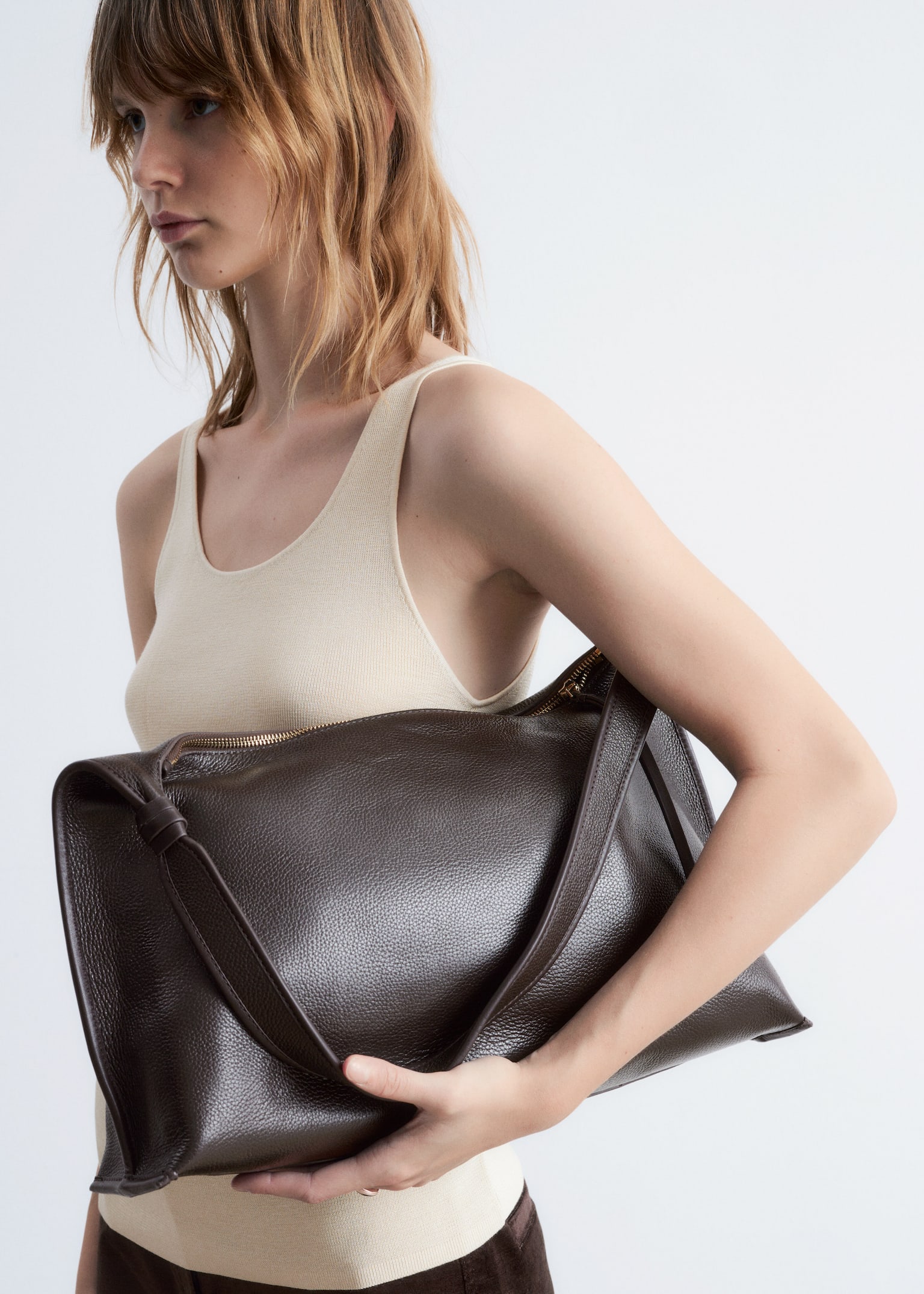 Leather Tote Bag - Dark Brown/Black