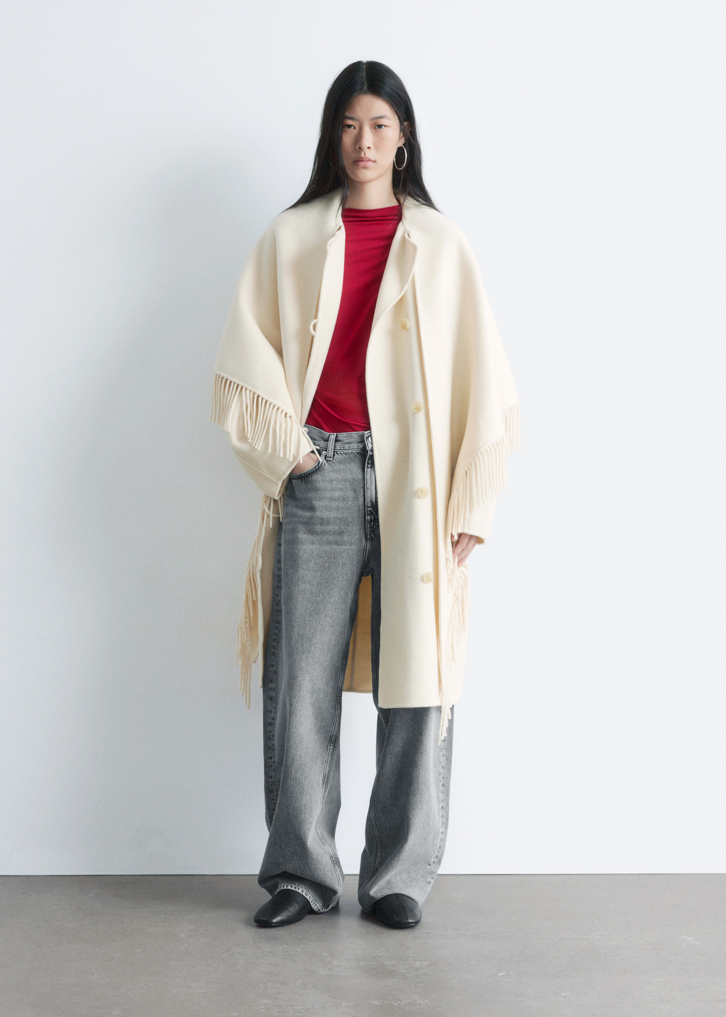 ponpon 韓国 shawl rever wool coat ベージュ Fringed Shawl Wool Coat - Cream - Coats - & Other Stories US