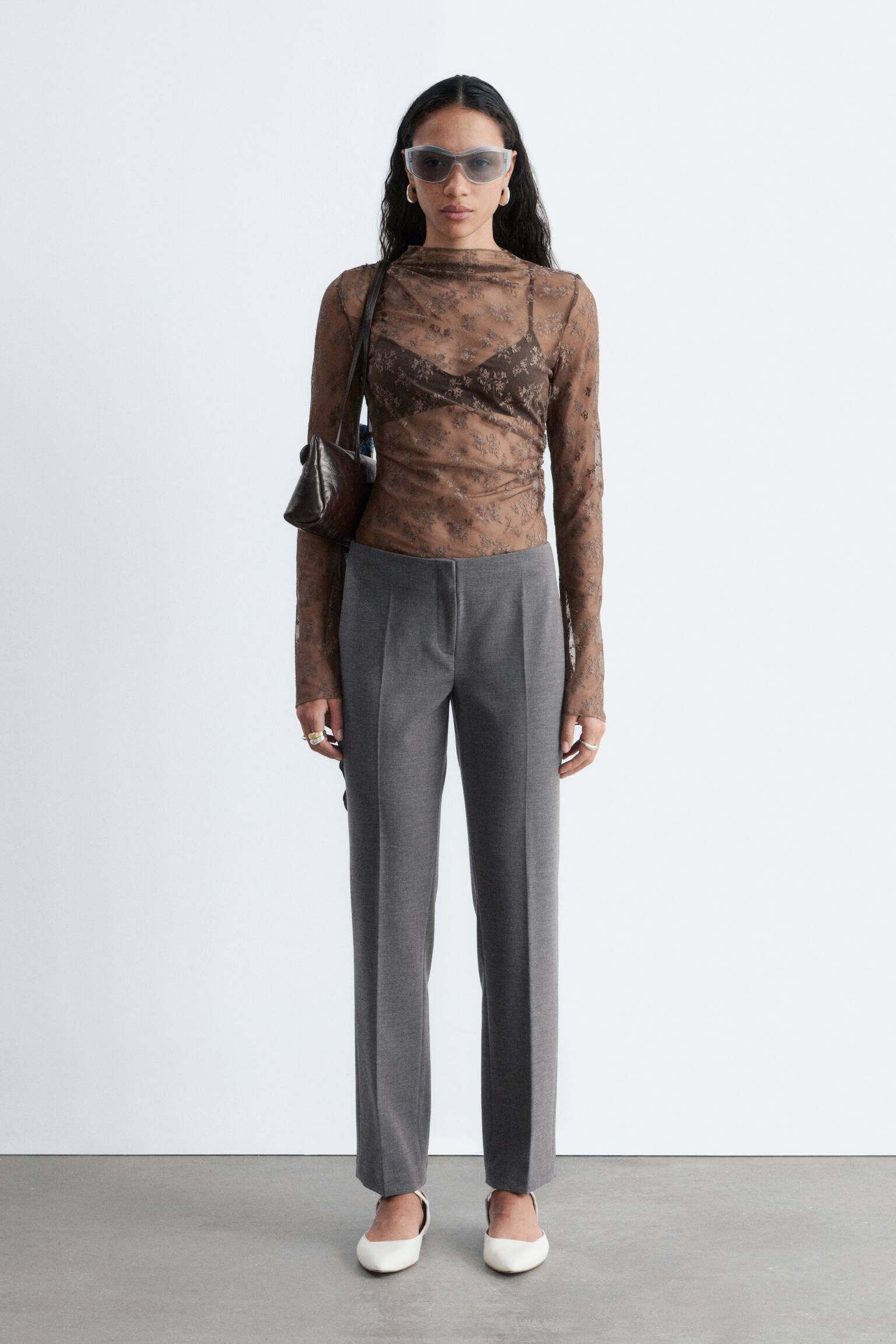 Haut en dentelle à manches longues - Dark Brown/Cream/Taupe clair - 7