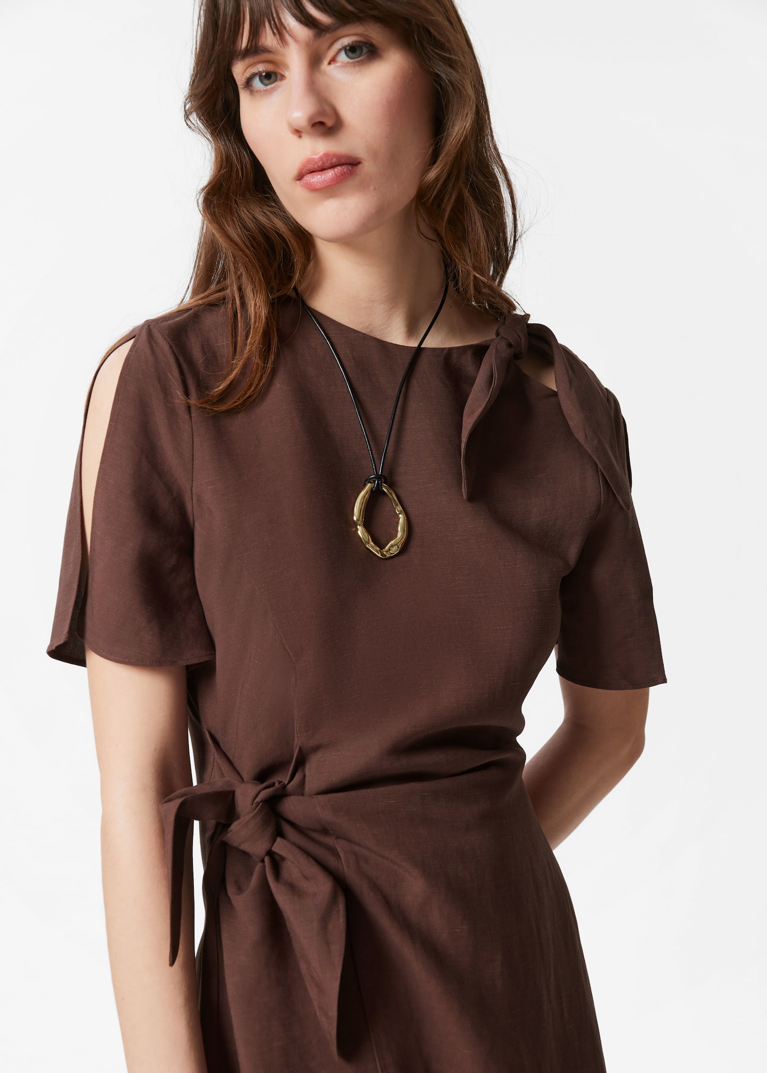 Knot-Detail Midi Dress - Dark Brown - 3