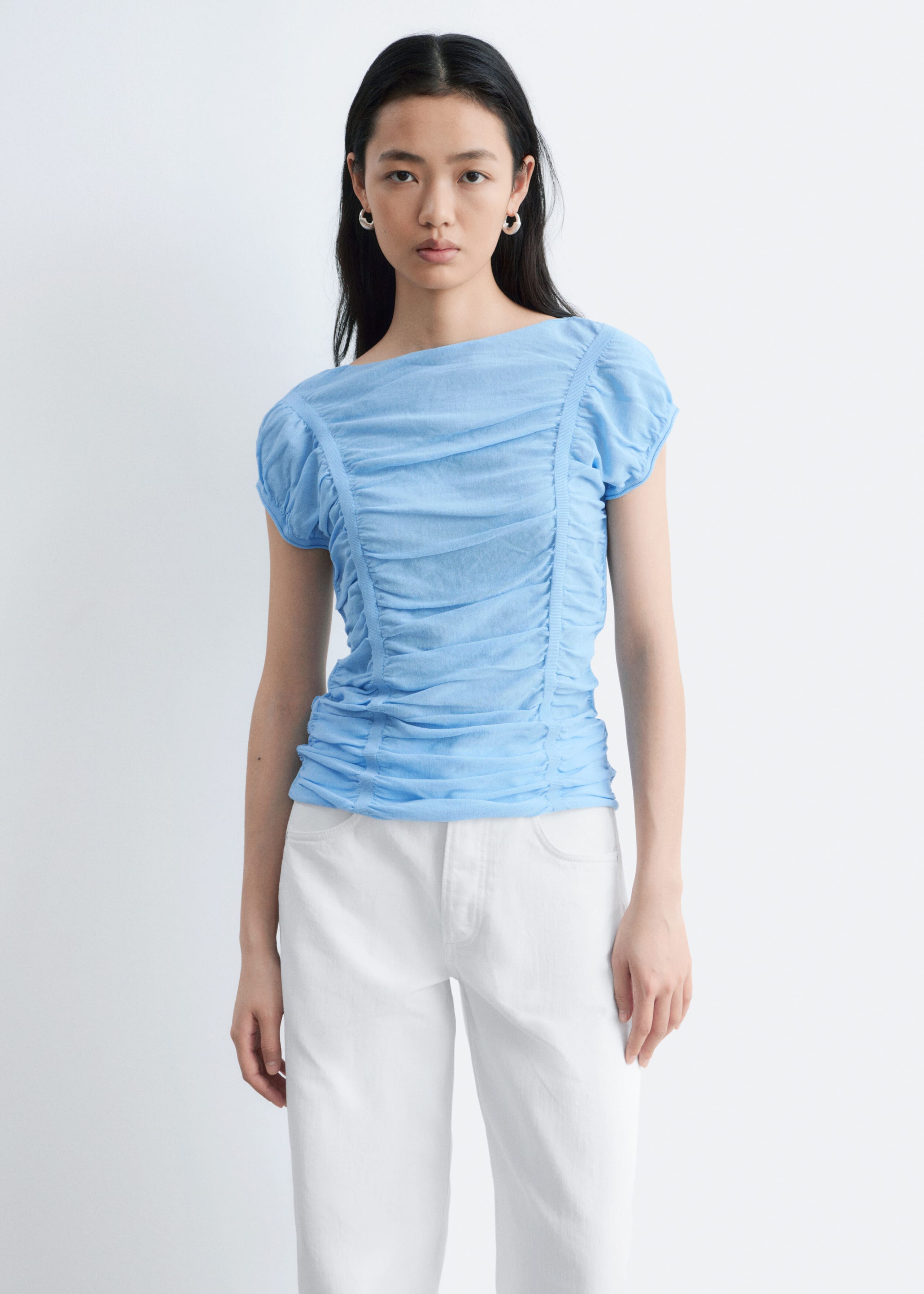 Haut froncé à mancherons - Bleu clair - Lookbook