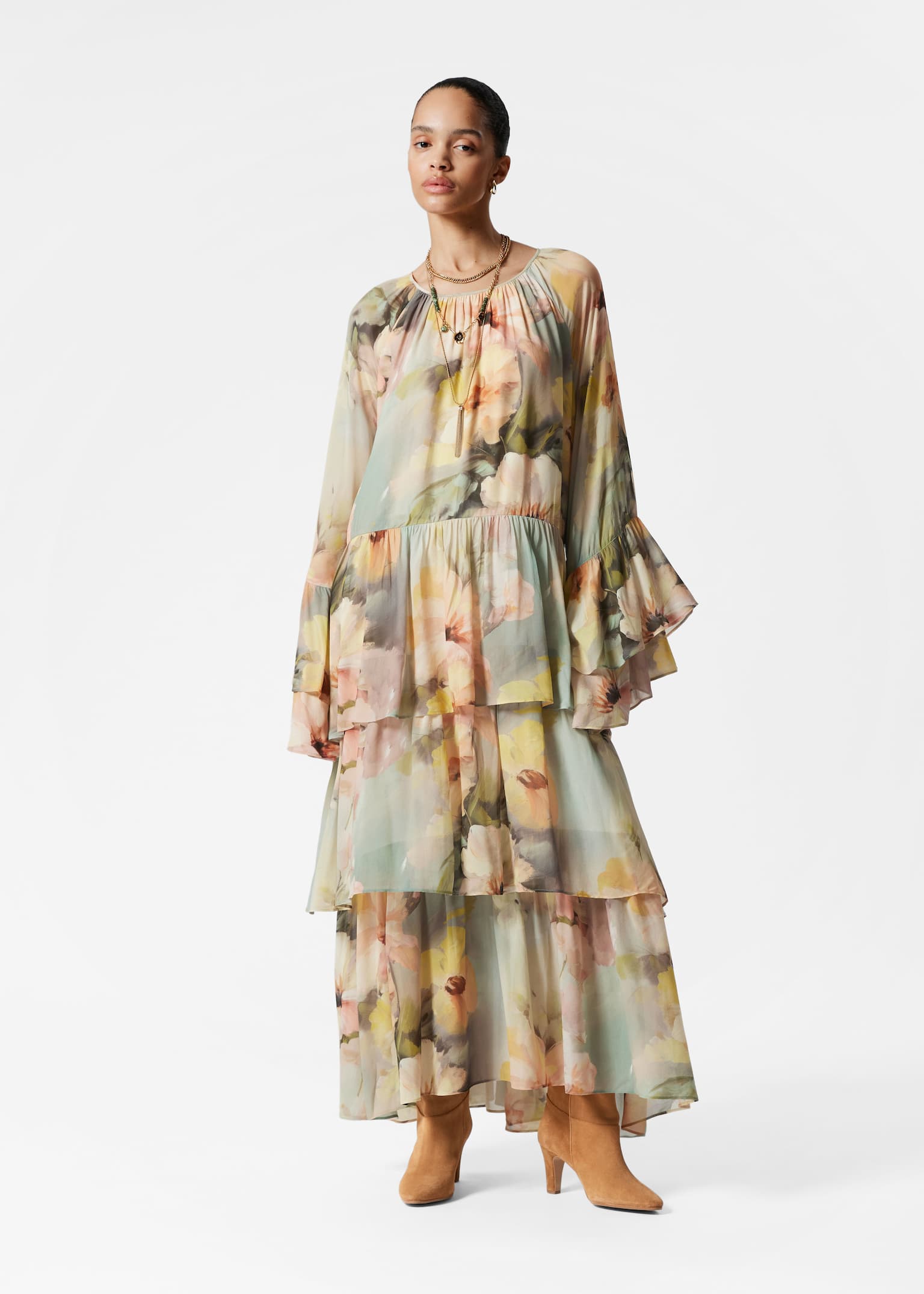 Rochie Maxi cu Volane - Verde Floral/Lila