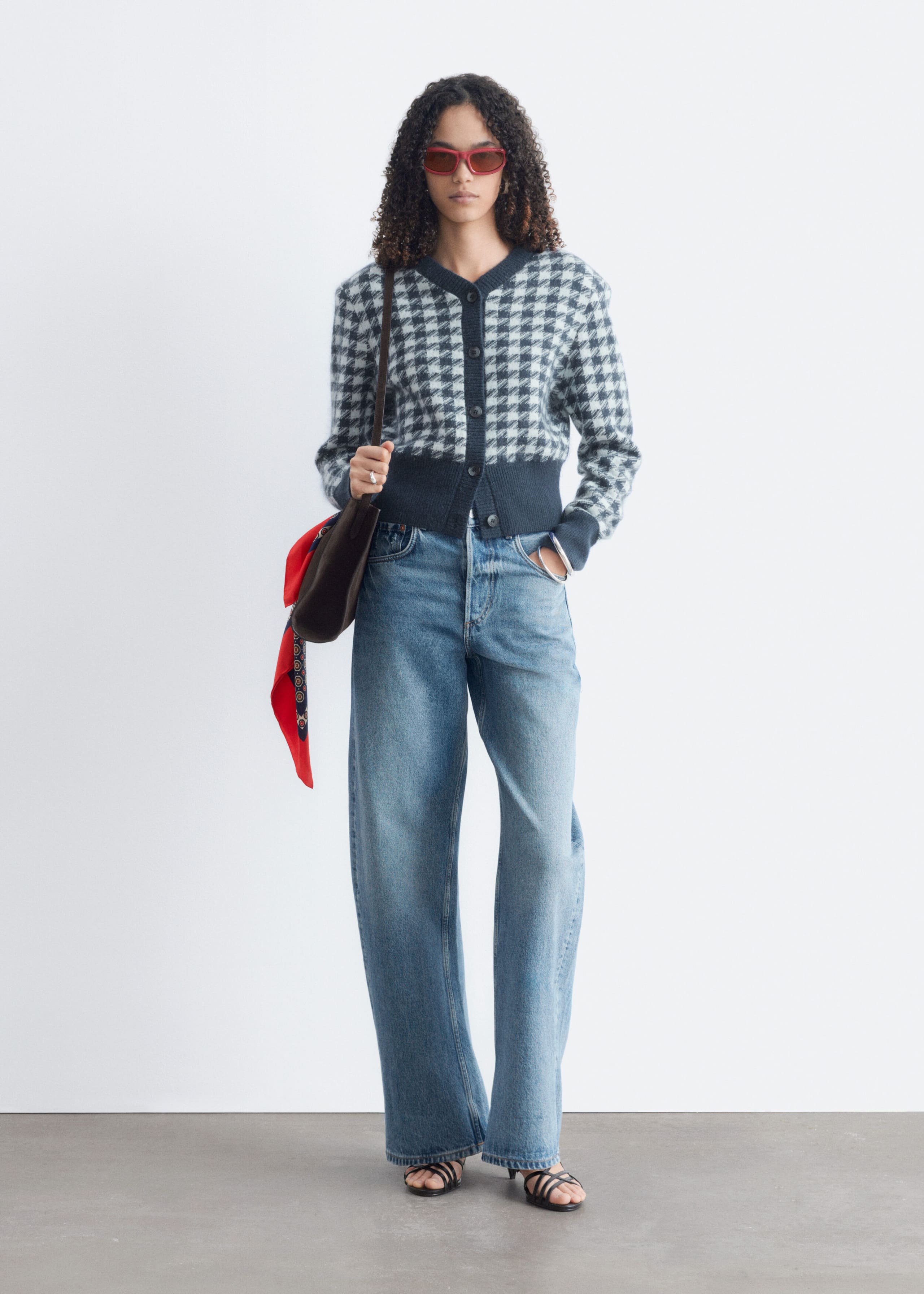 Mohair-Blend Jacquard Cardigan - Turquoise/Navy Houndstooth - Still Life