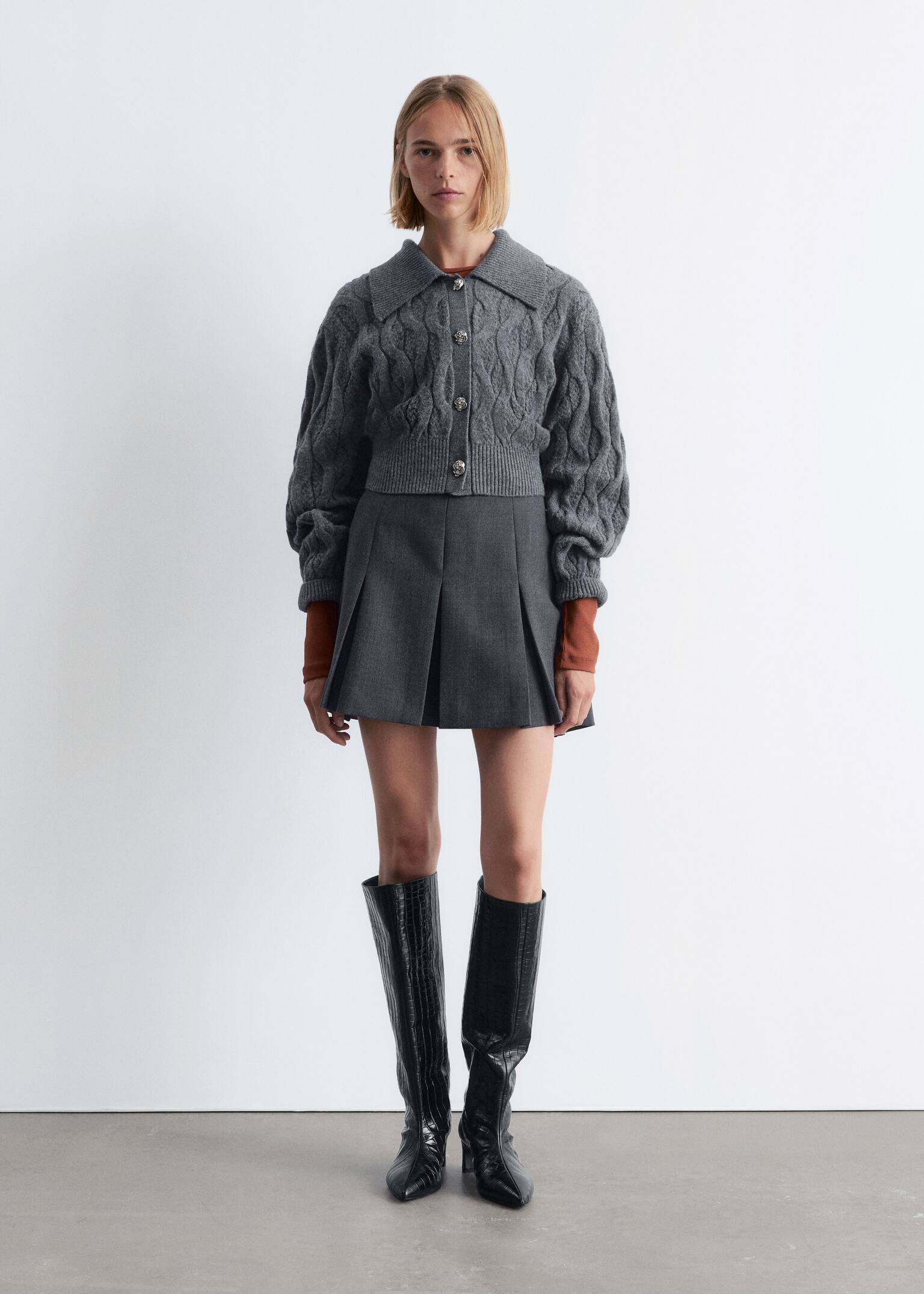 Cardigan din Amestec de Lână cu Model Tricotat în Cablu - Dark Grey - 1