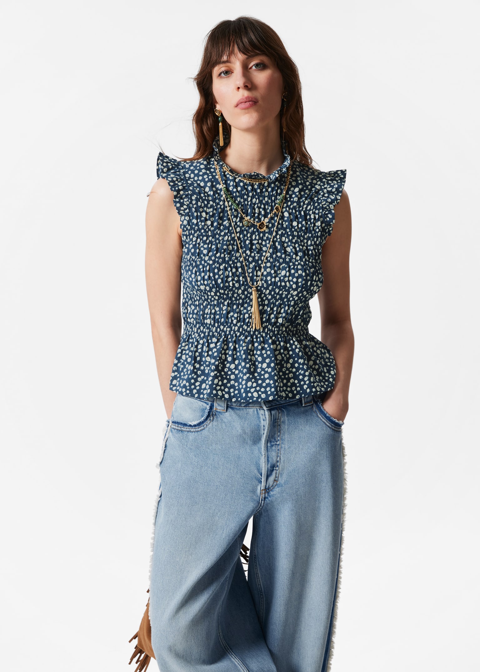 Top con gale e lavorazione smock - Blu scuro con stampa/Rosso