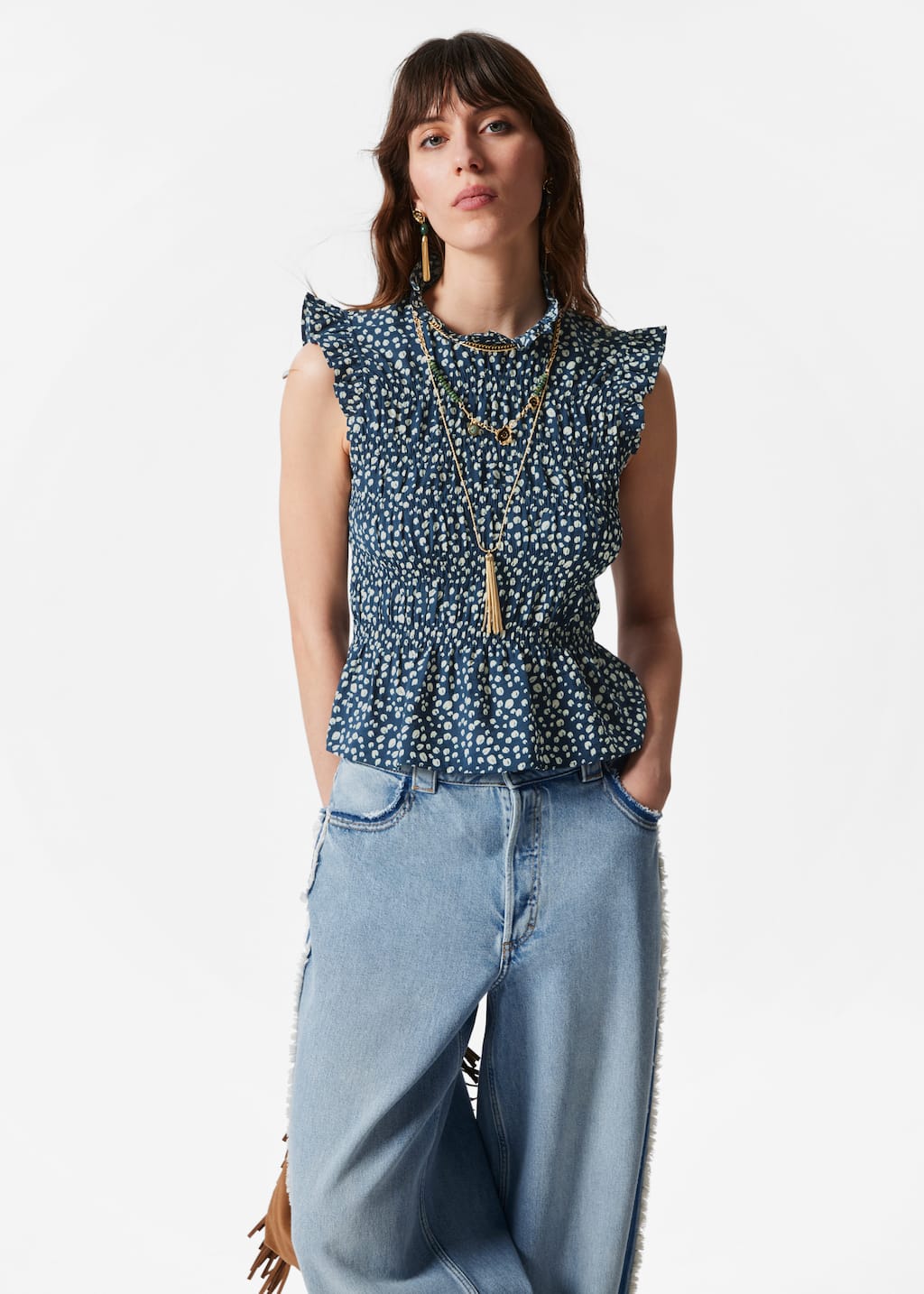 Top de volantes fruncido con nido de abeja - Estampado azul oscuro - Lookbook