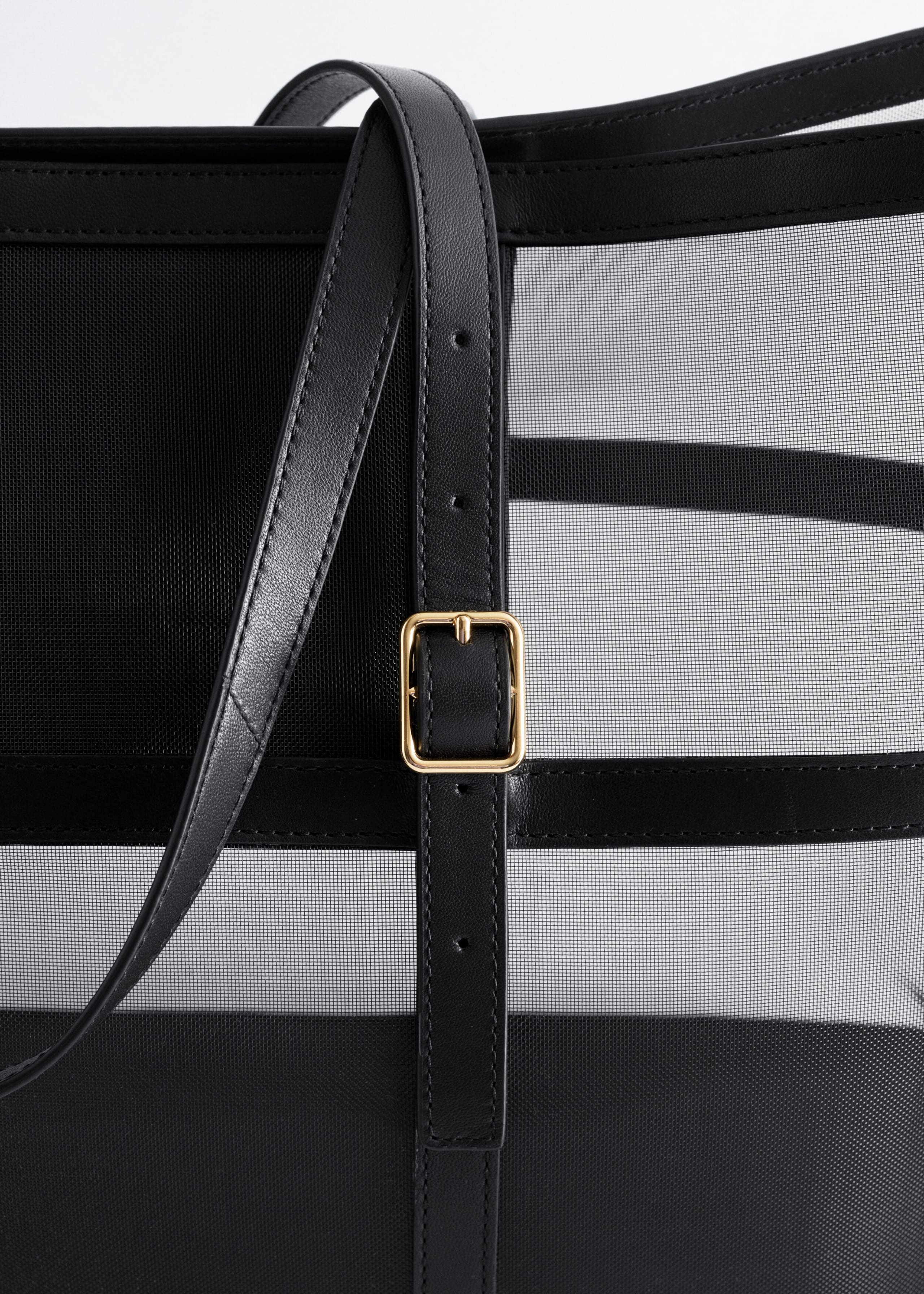 Leather Detail Mesh Tote - Black - Still Life