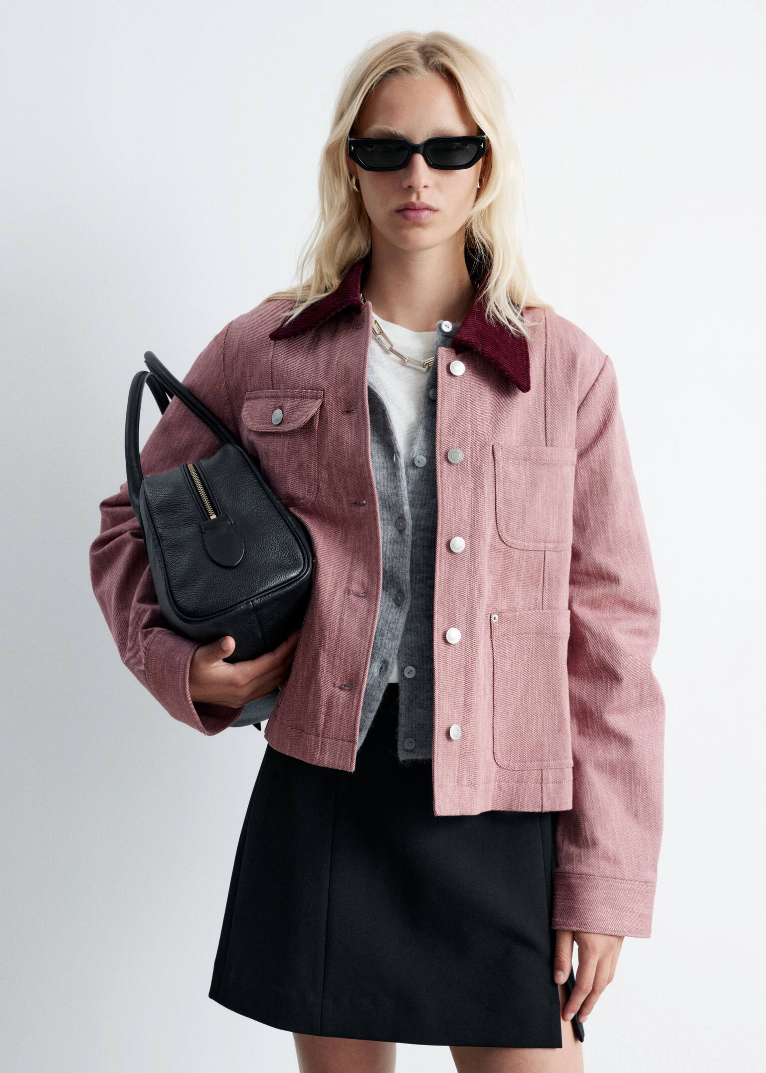 A-Linien-Jacke mit kontrastierendem Kragen - Hellrosa - 1