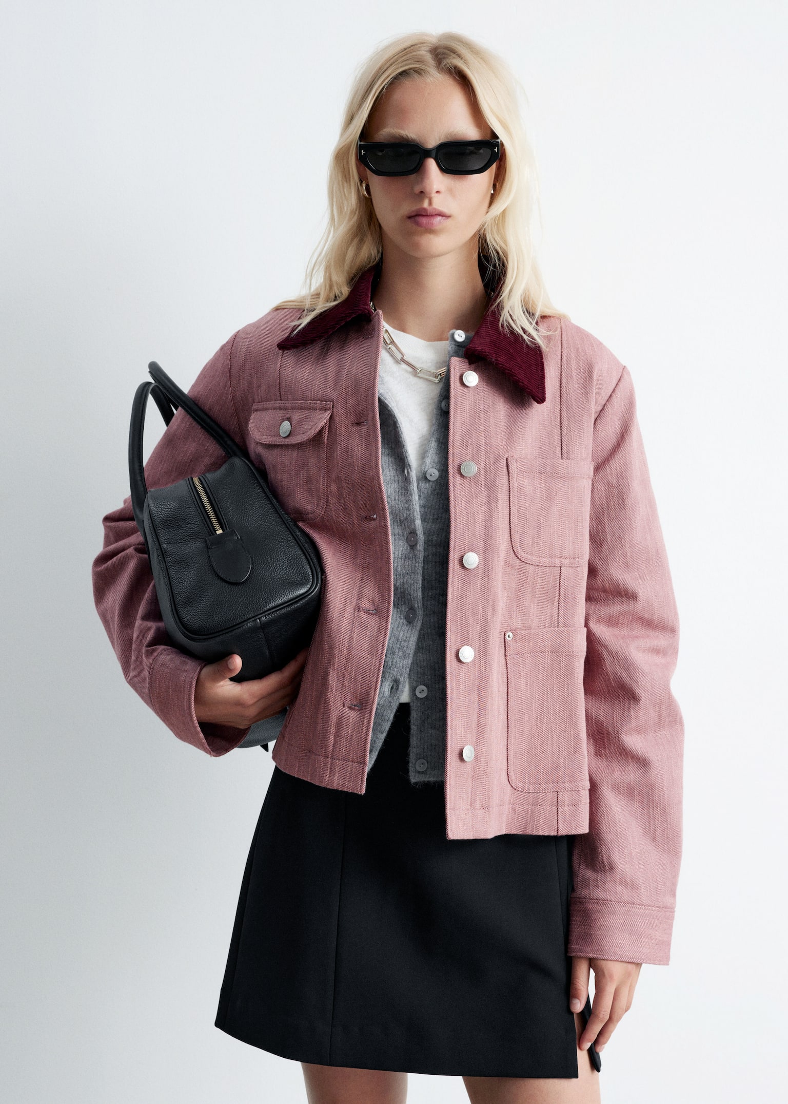 Contrast-Collar A-line Jacket - Dusty Pink