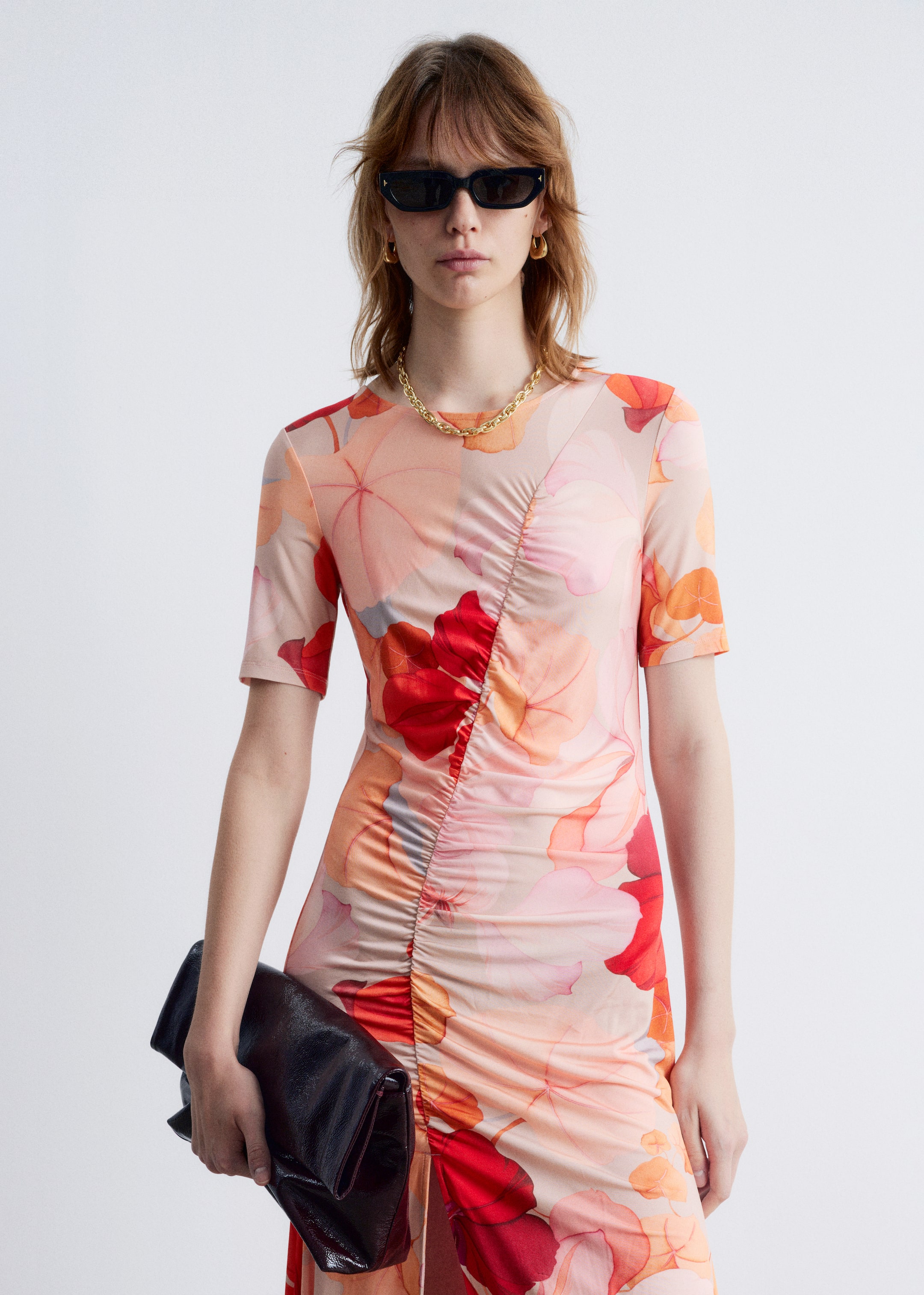 Agrandir l'image: Robe midi froncée à manches courtes - Imprimé floral orange/rouge - FEMME | H&M CH 4
