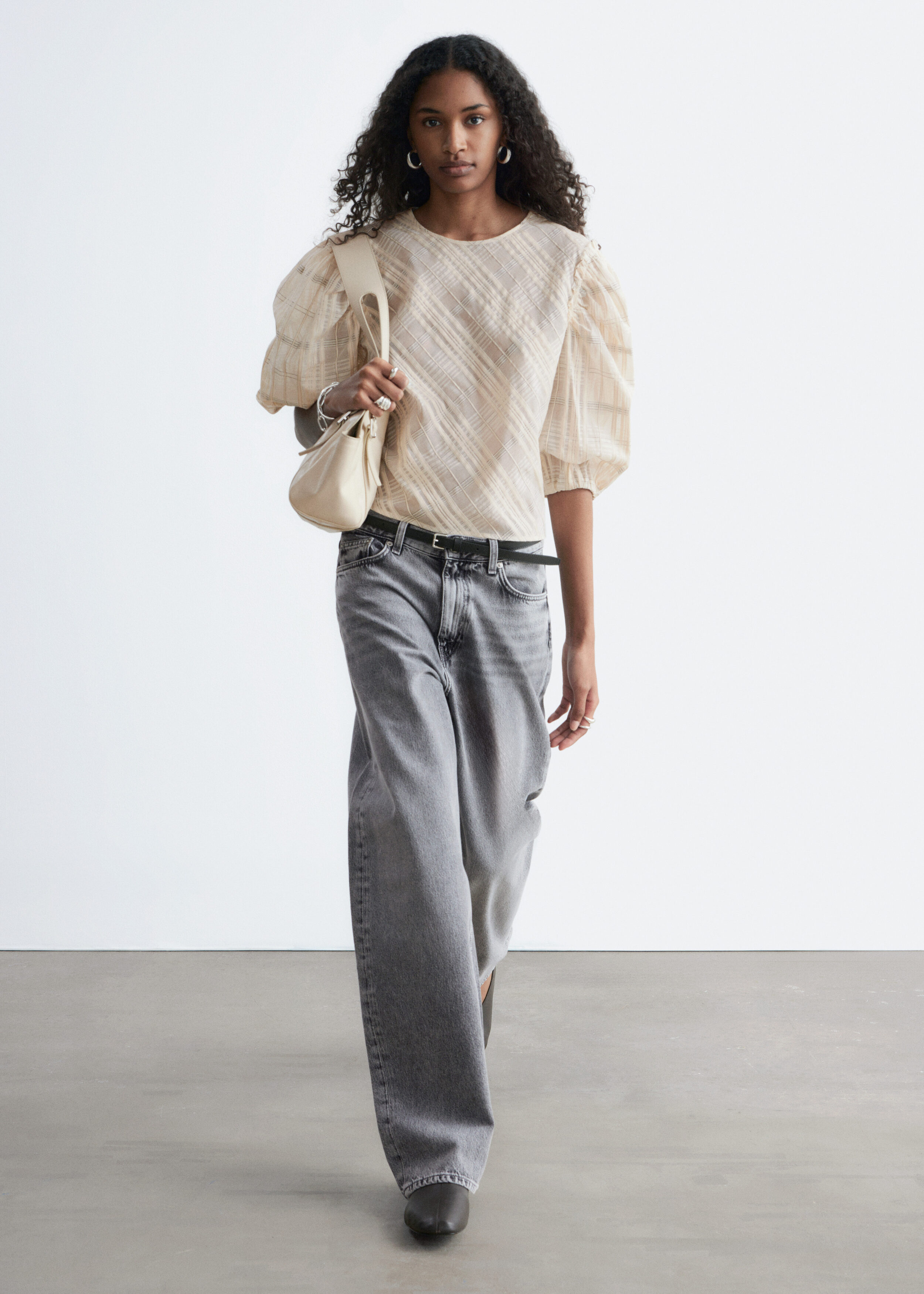 Bluelea Silky jacquard balloon tops 新品 Balloon-Sleeve Jacquard Blouse - Beige/Tartan - & Other Stories US