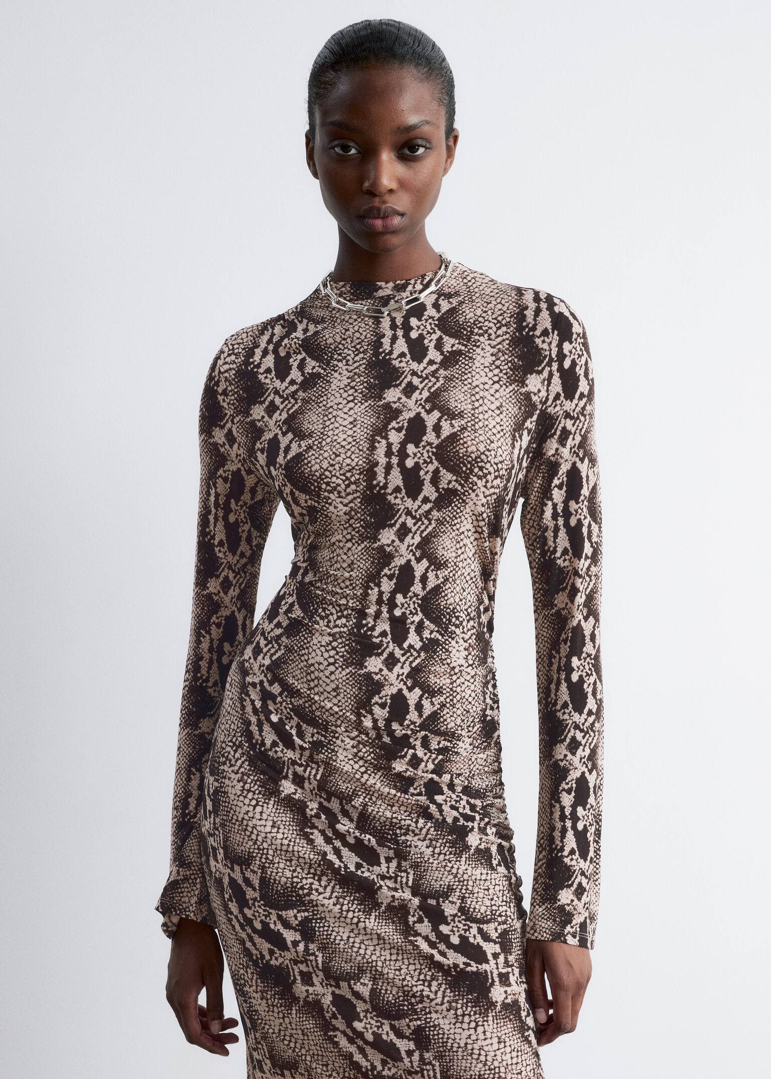 Gathered Midi Dress - Beige Snake - 4