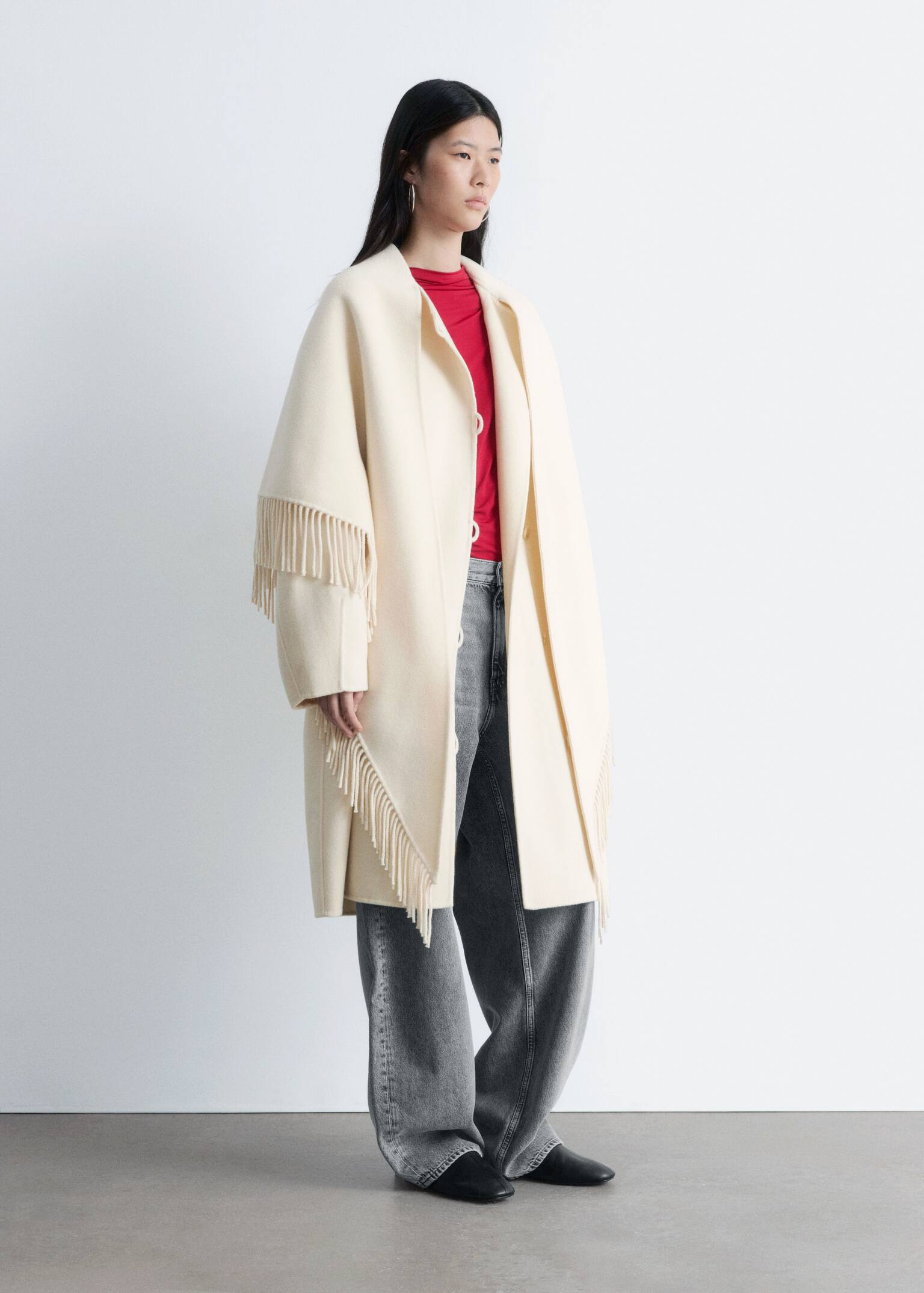 Fringed Shawl Wool Coat - Cream/Black - 10