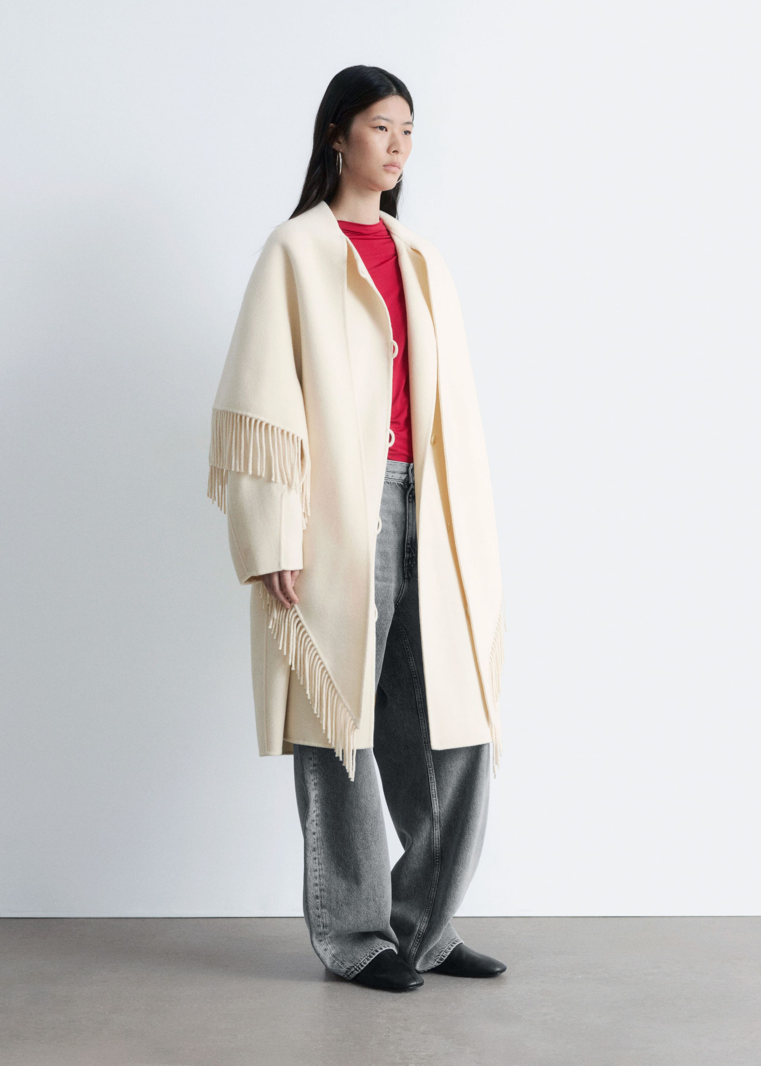 Image of Fringed Shawl Wool Coat