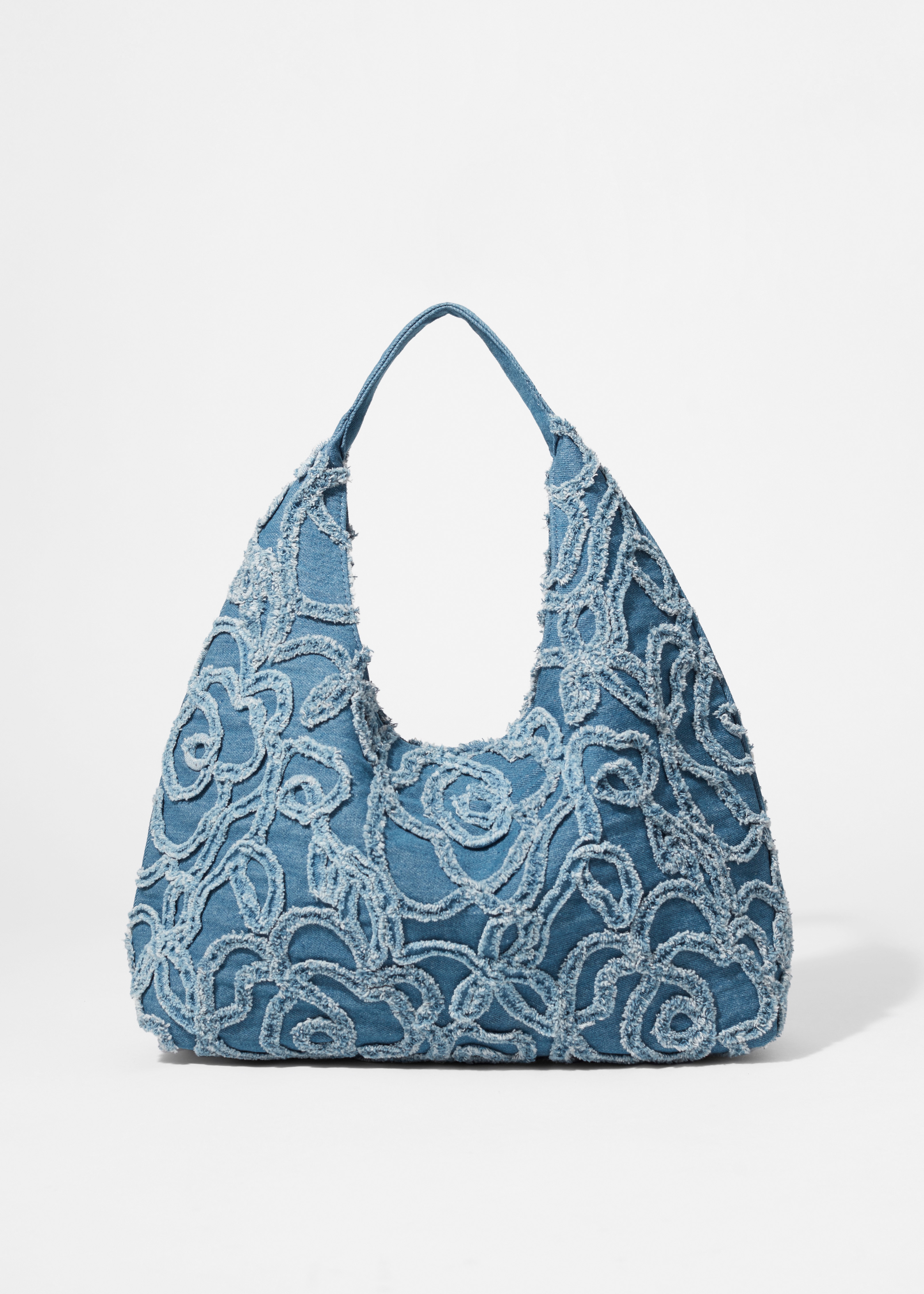 Borsa tote in denim piccola con applicazioni - Blu denim/Crema