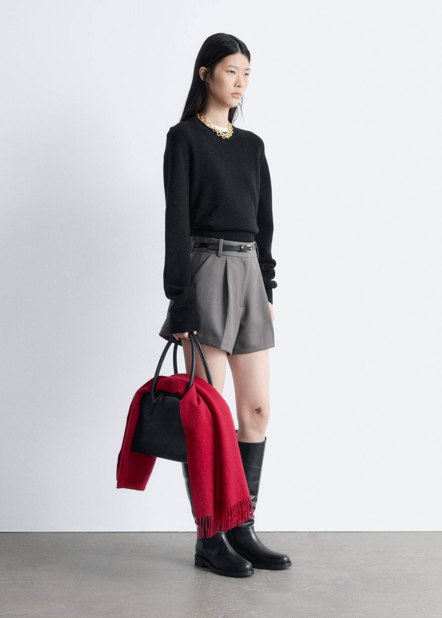 סוודר מתערובת צמר - שחור/אדום/אפור-בז’ מלנג’ בהיר - 5