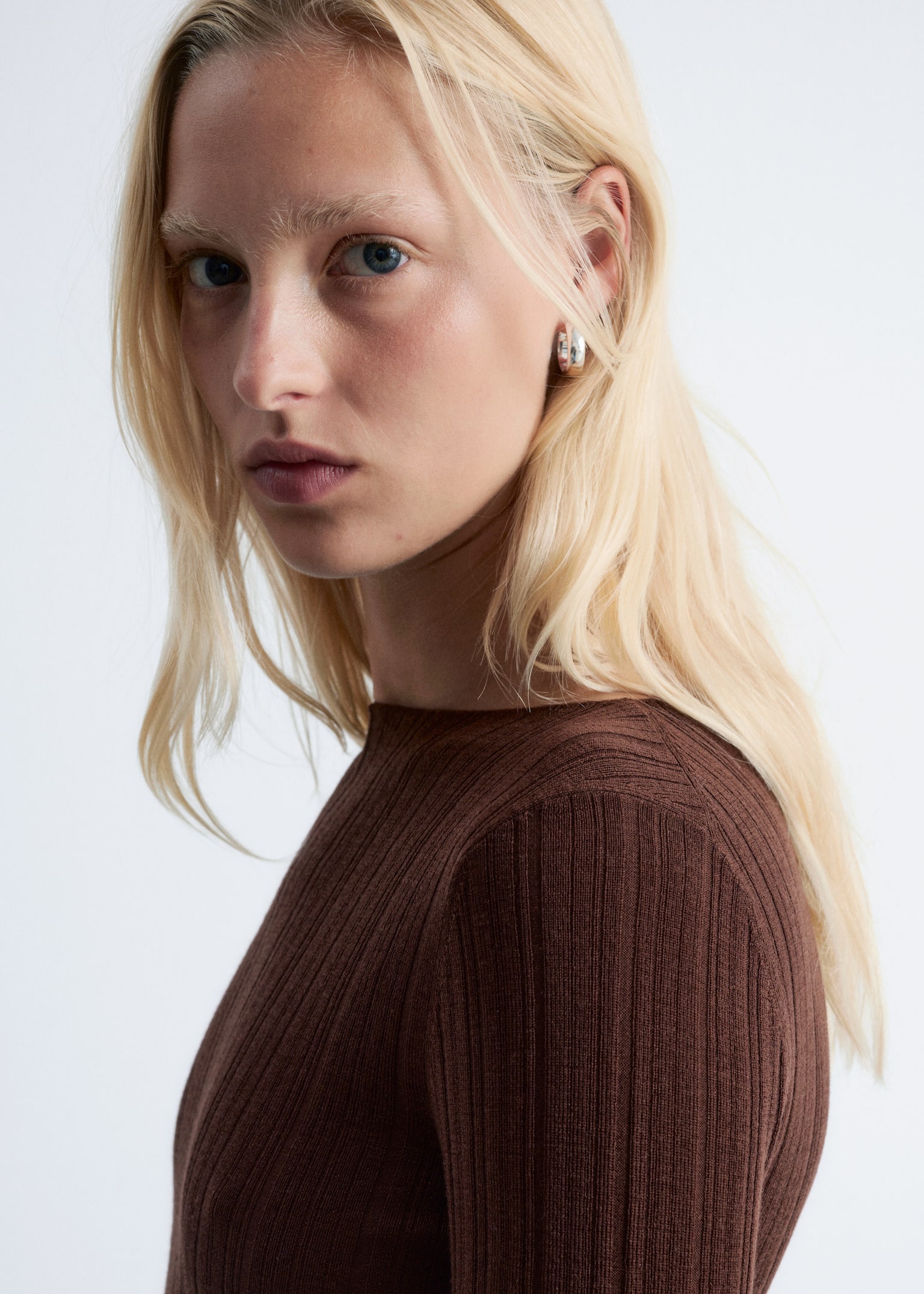 Rib-Knit Wool Boatneck Top - Dark Brown/Dark Red - 4