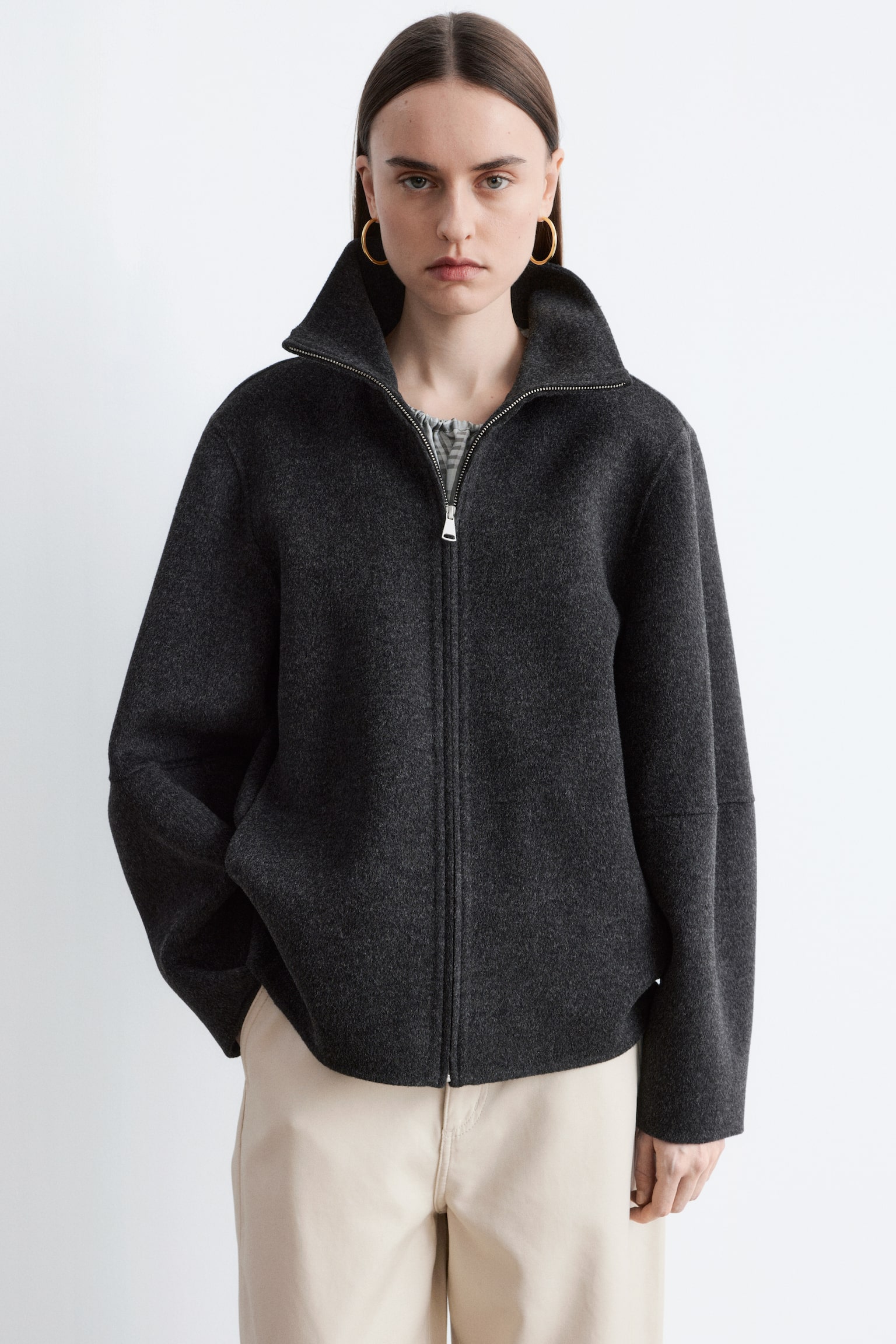 Vlnená bunda na zips - Dark Grey/Dark Beige - 2