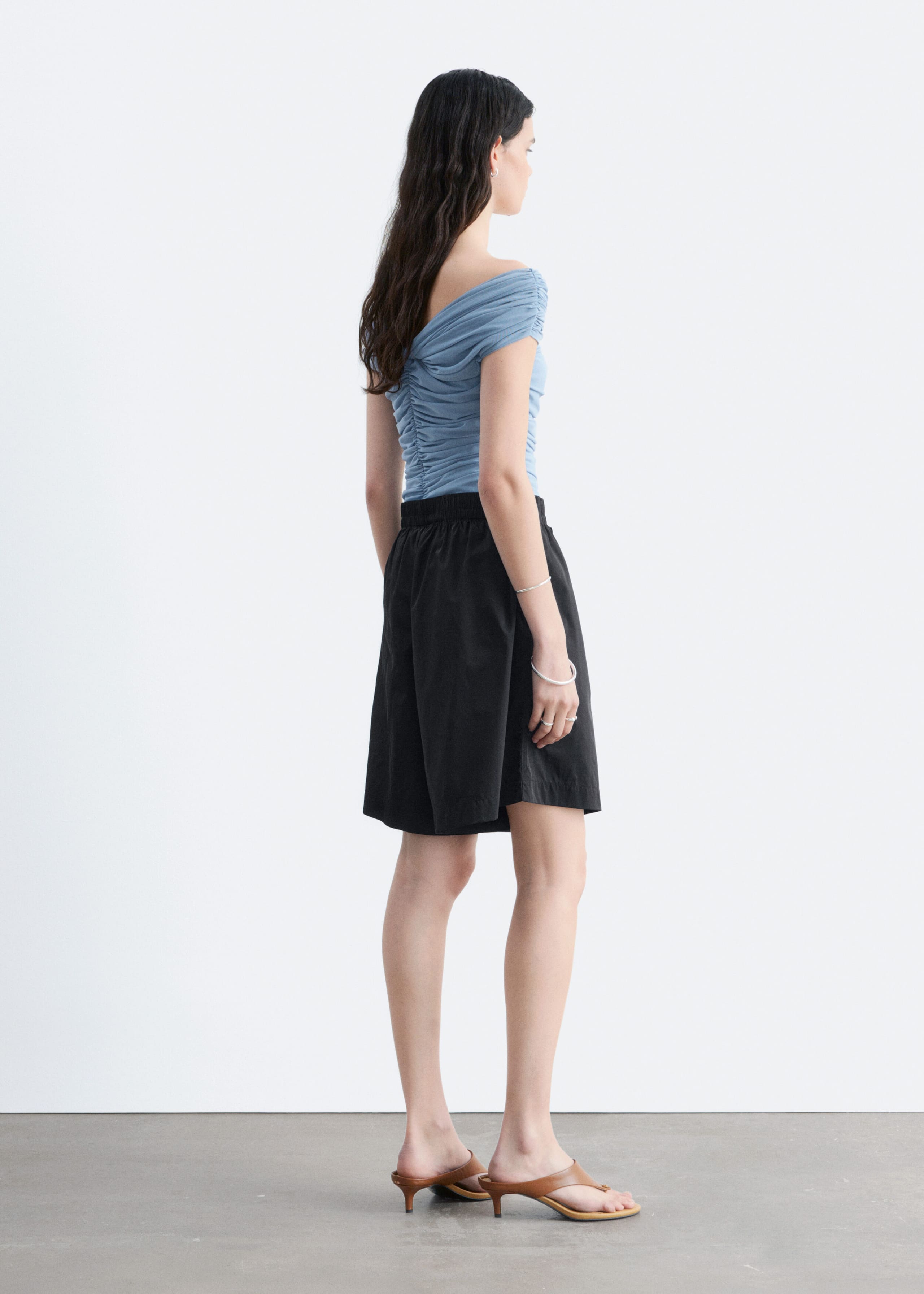 Ruched V-neck Mesh Top - Dusty Blue - Lookbook