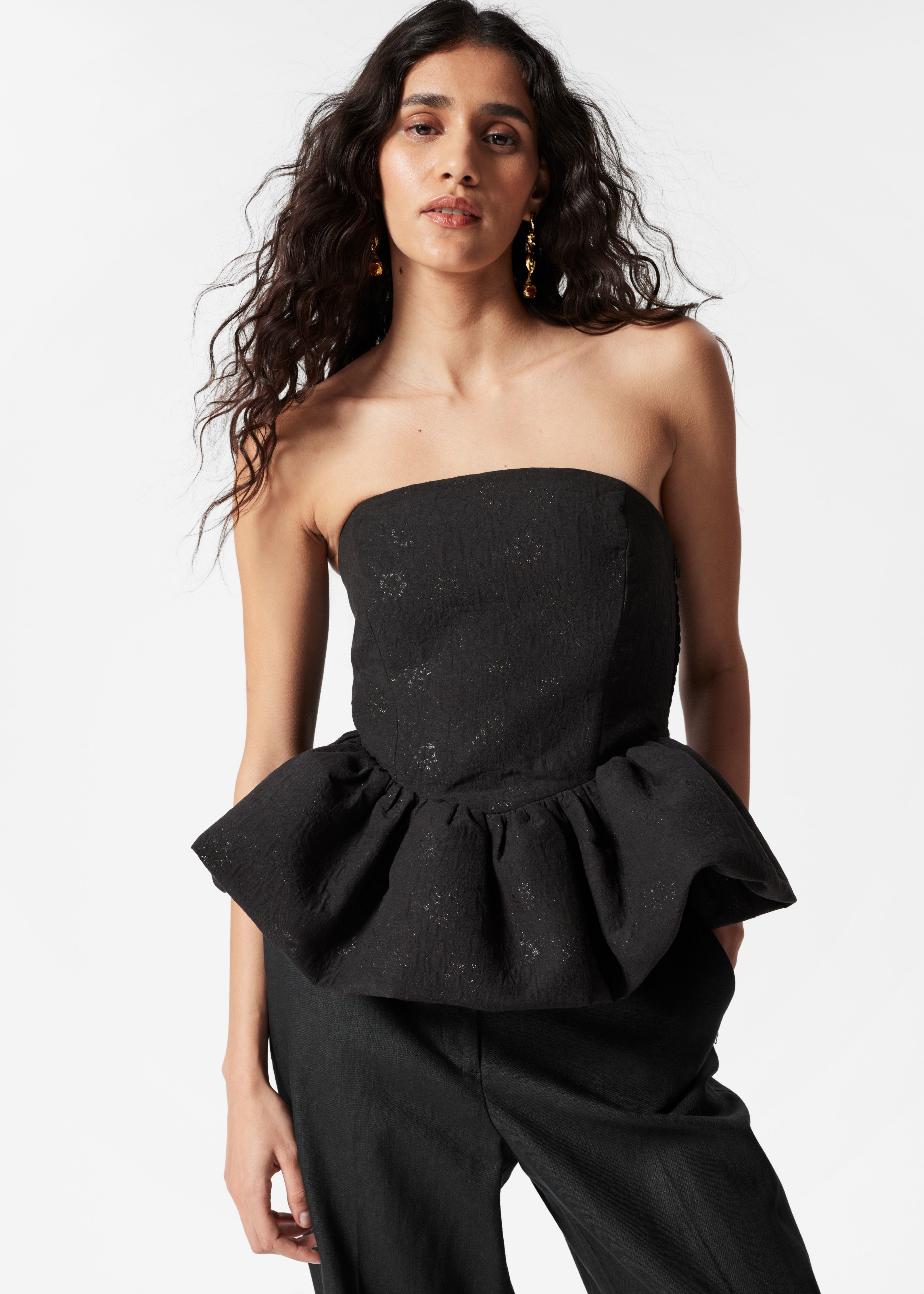 Bandeau peplum top z žakáru - Černá/Světle růžová