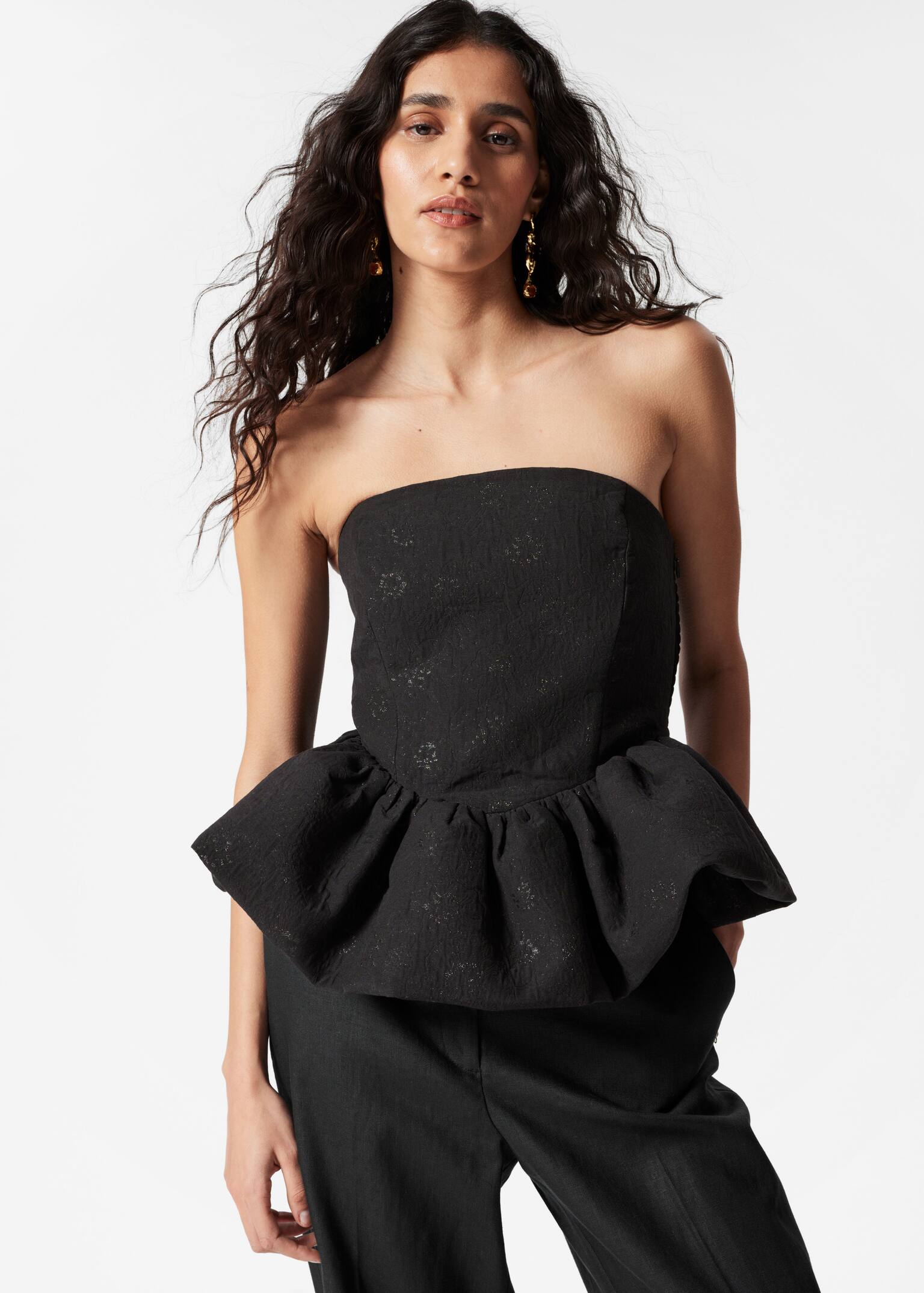 Top bandeau peplum de jacquard - Negro/Rosa claro