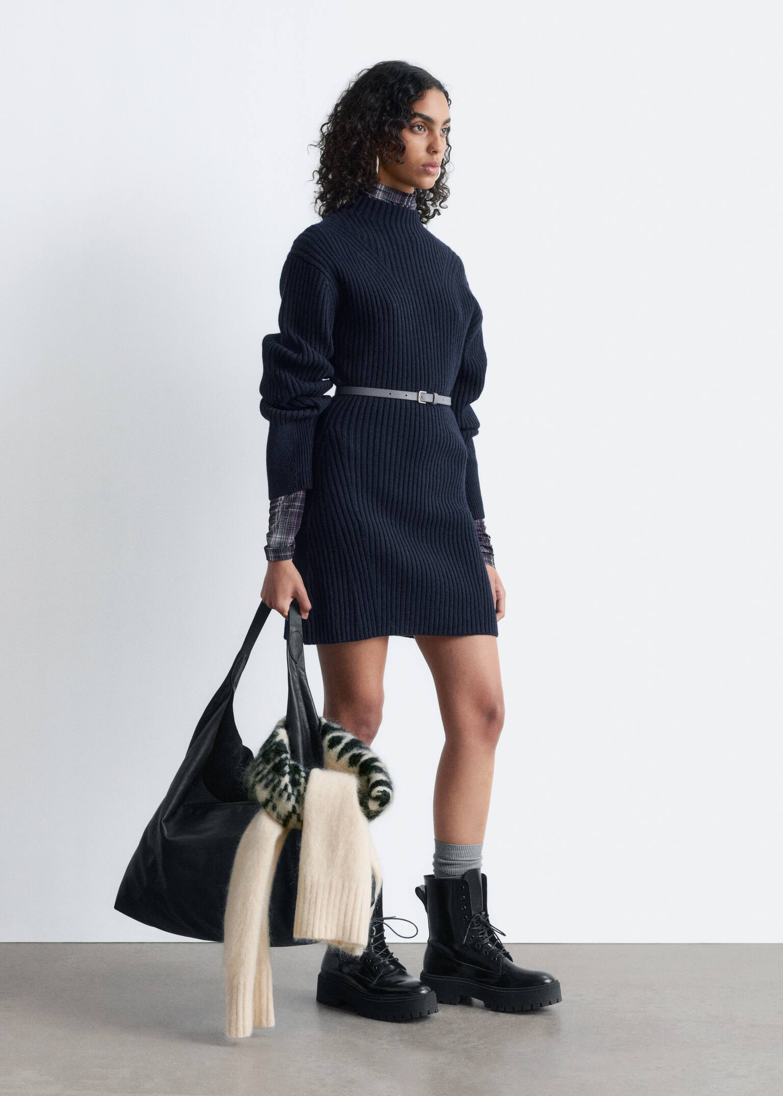 Rib-Knit Mock-Neck Mini Dress - Dark Blue - 4