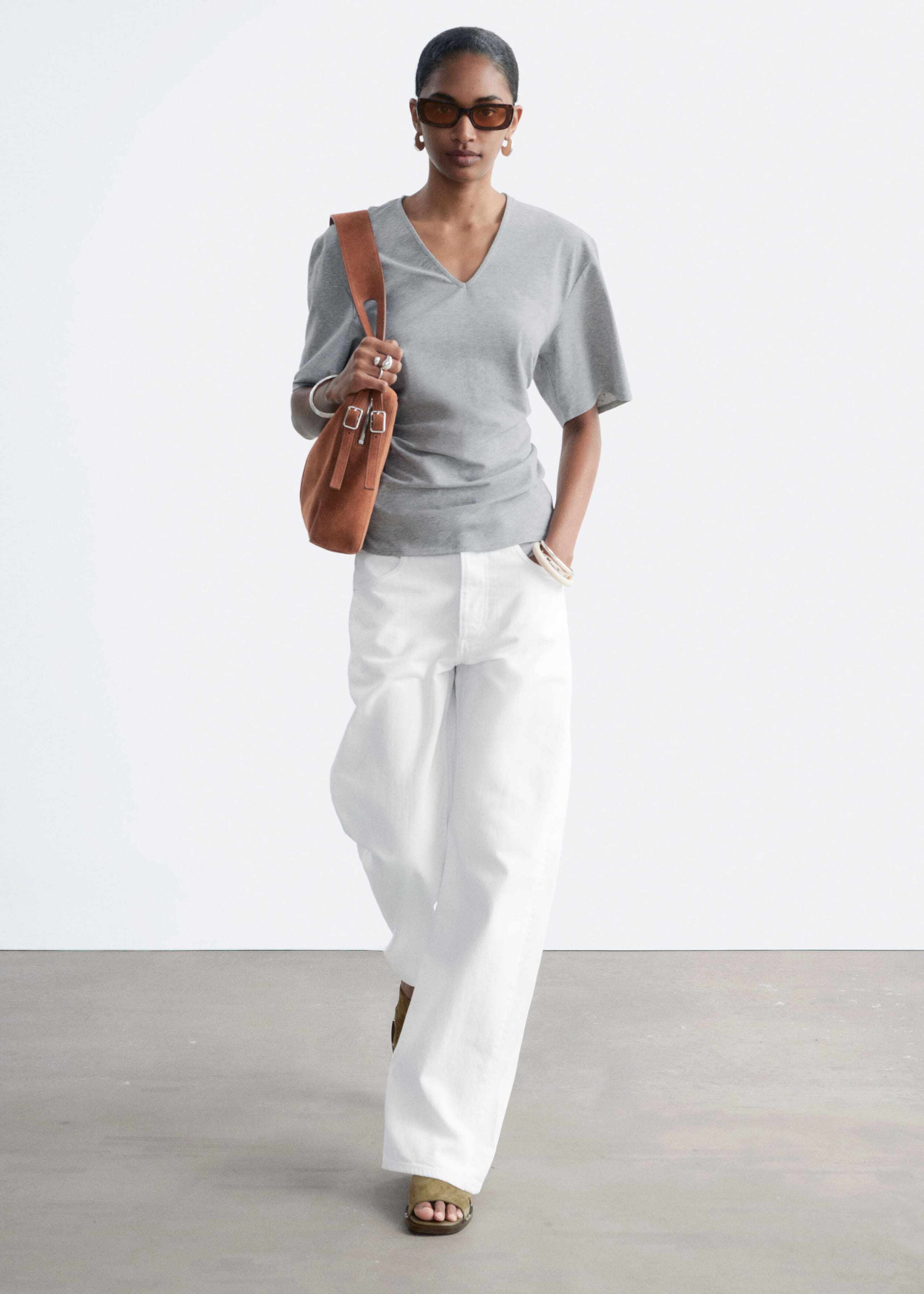 Image of Gathered V-Neck T-Shirt