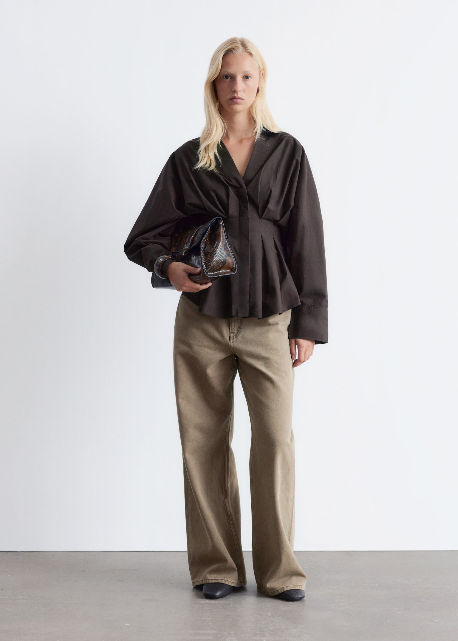 Fitted-Waist Cotton Shirt - Dark Brown - 4