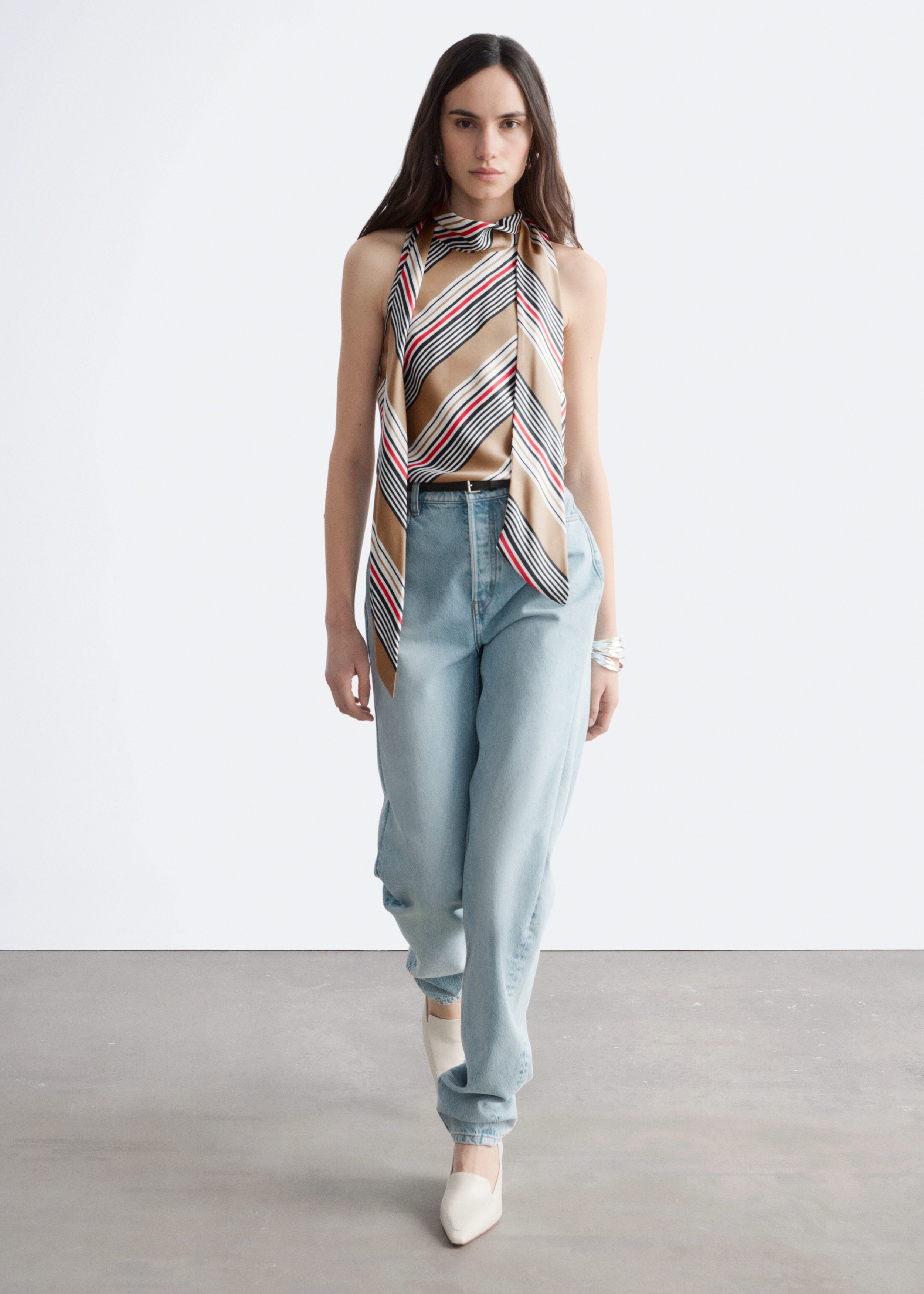 Scarf-Neck Silk Top - Beige/Stripes - Tops - & Other Stories US